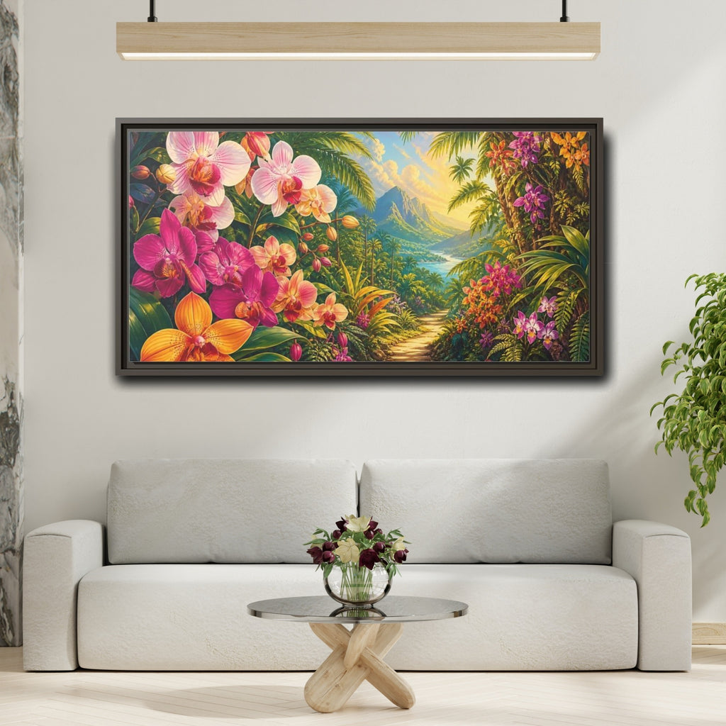 Mockup 2. Nature Tropical Orchids Vibrant Tropical shown as stretched canvas wall art
