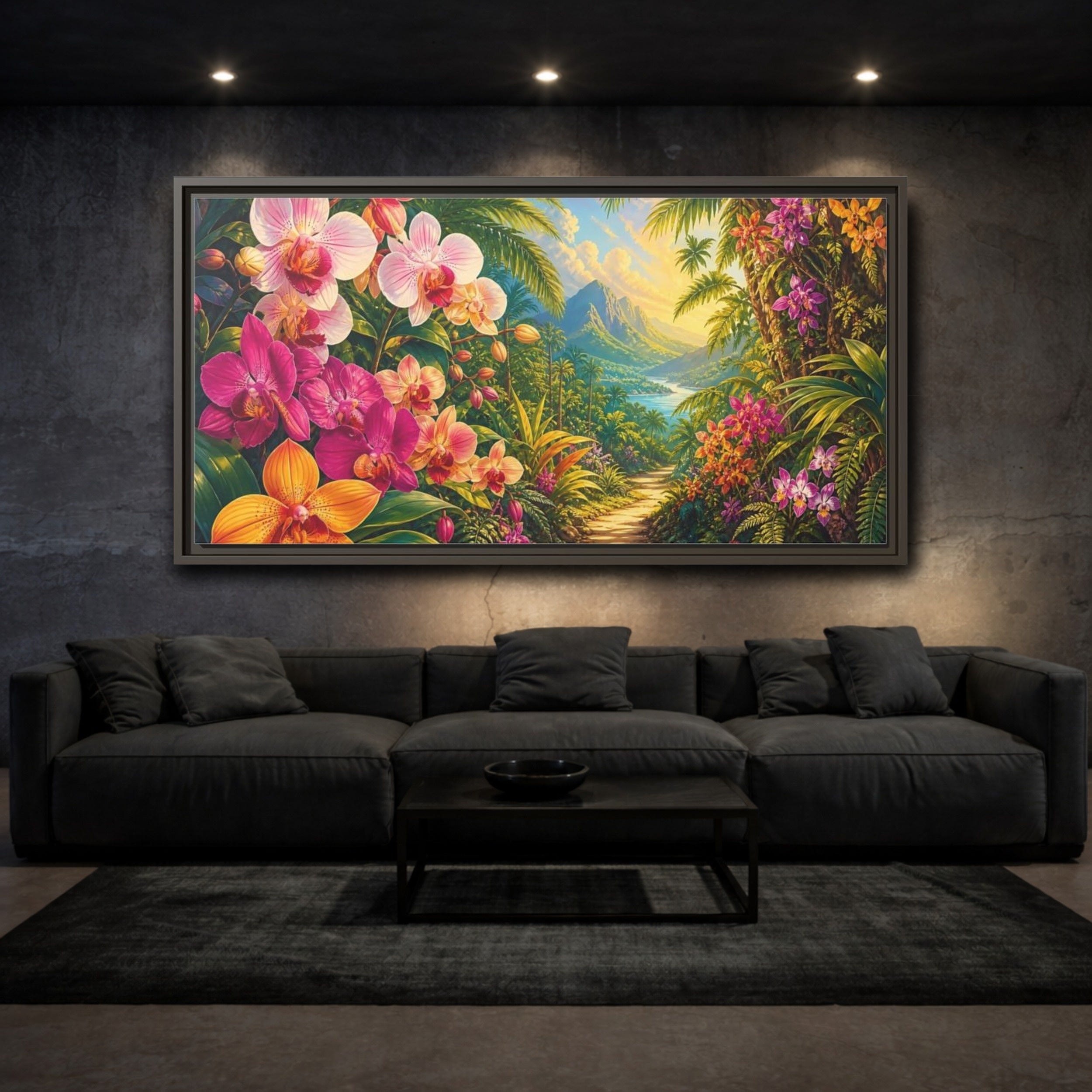 Mockup 3. Nature Tropical Orchids Vibrant Tropical shown as stretched canvas wall art