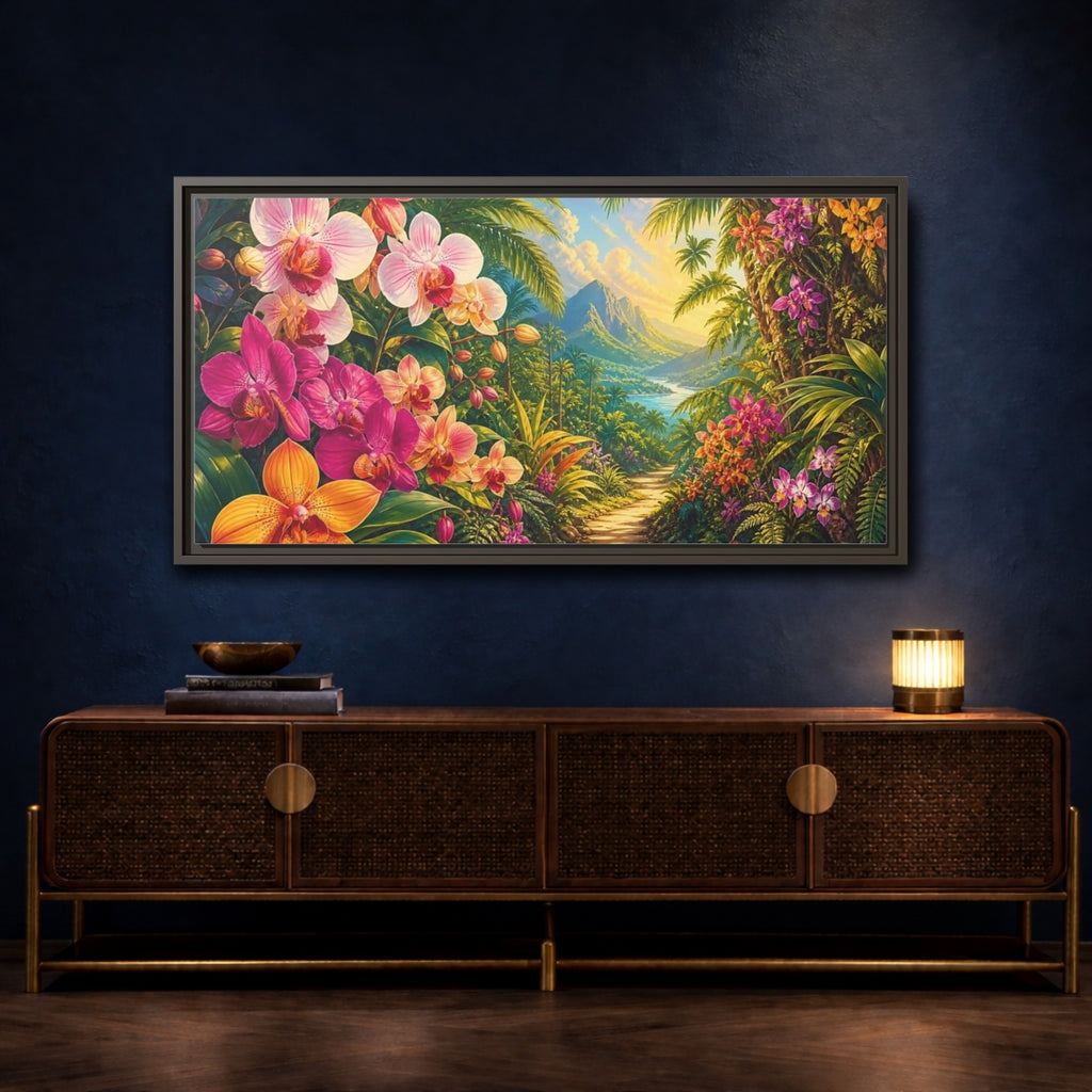 Mockup 4. Nature Tropical Orchids Vibrant Tropical shown as stretched canvas wall art