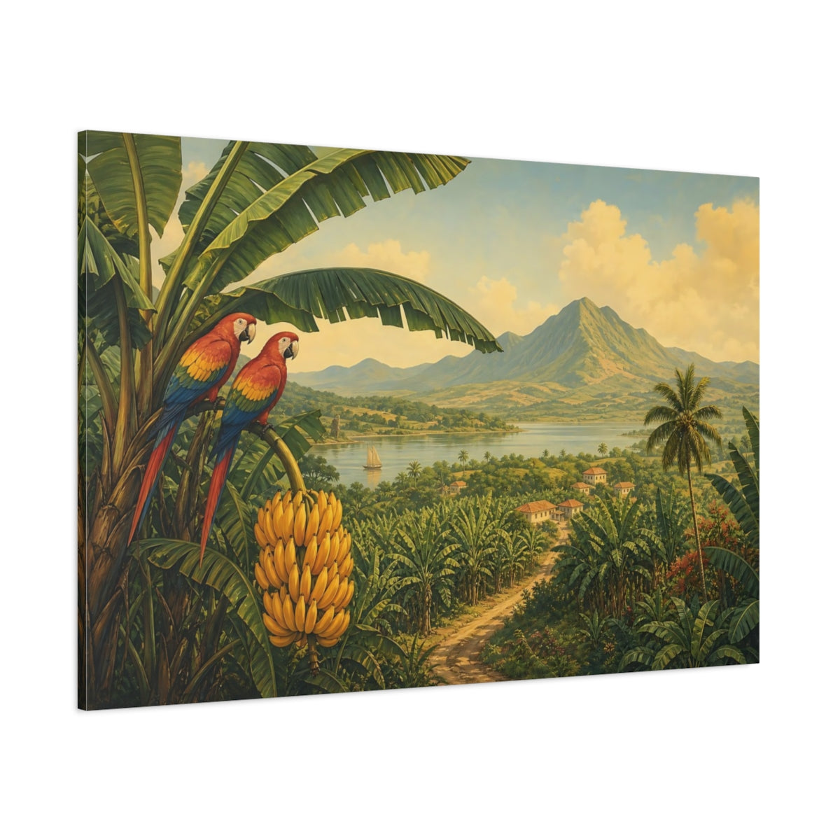 Side Mockup 1. Nature Tropical Parrots Tropical Landscape shown as stretched canvas wall art