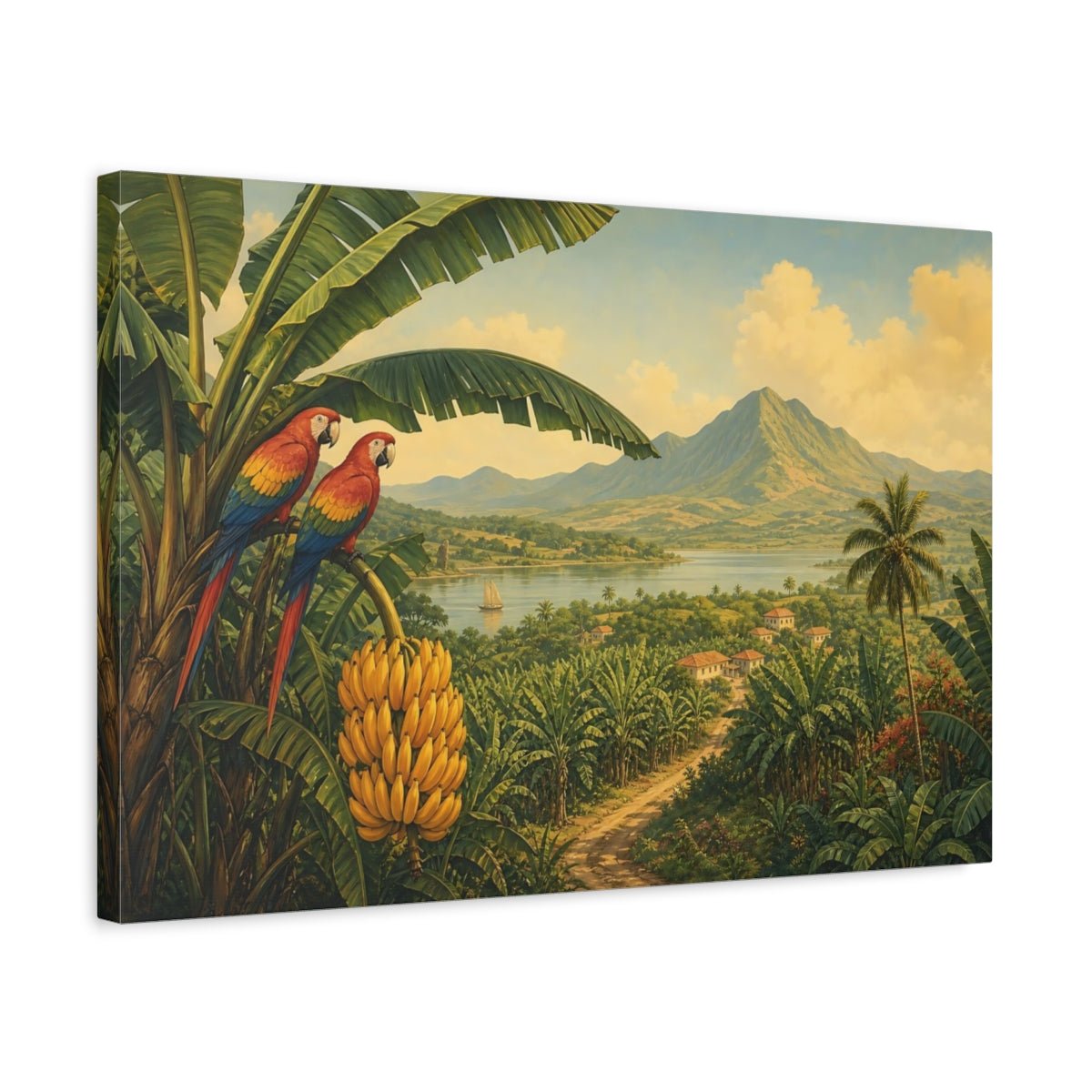 Side Mockup 3. Nature Tropical Parrots Tropical Landscape shown as stretched canvas wall art