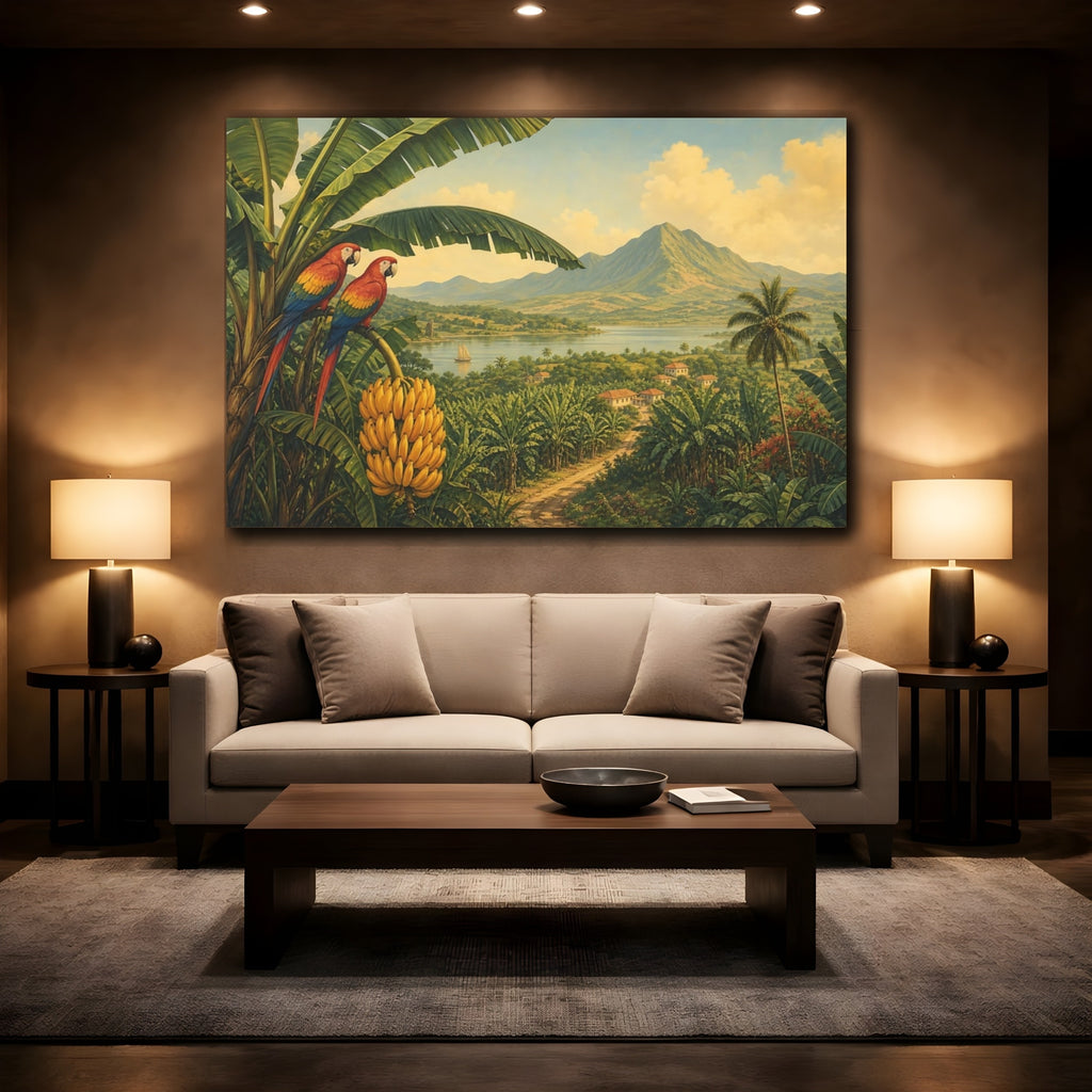 Mockup 2. Nature Tropical Parrots Tropical Landscape shown as stretched canvas wall art