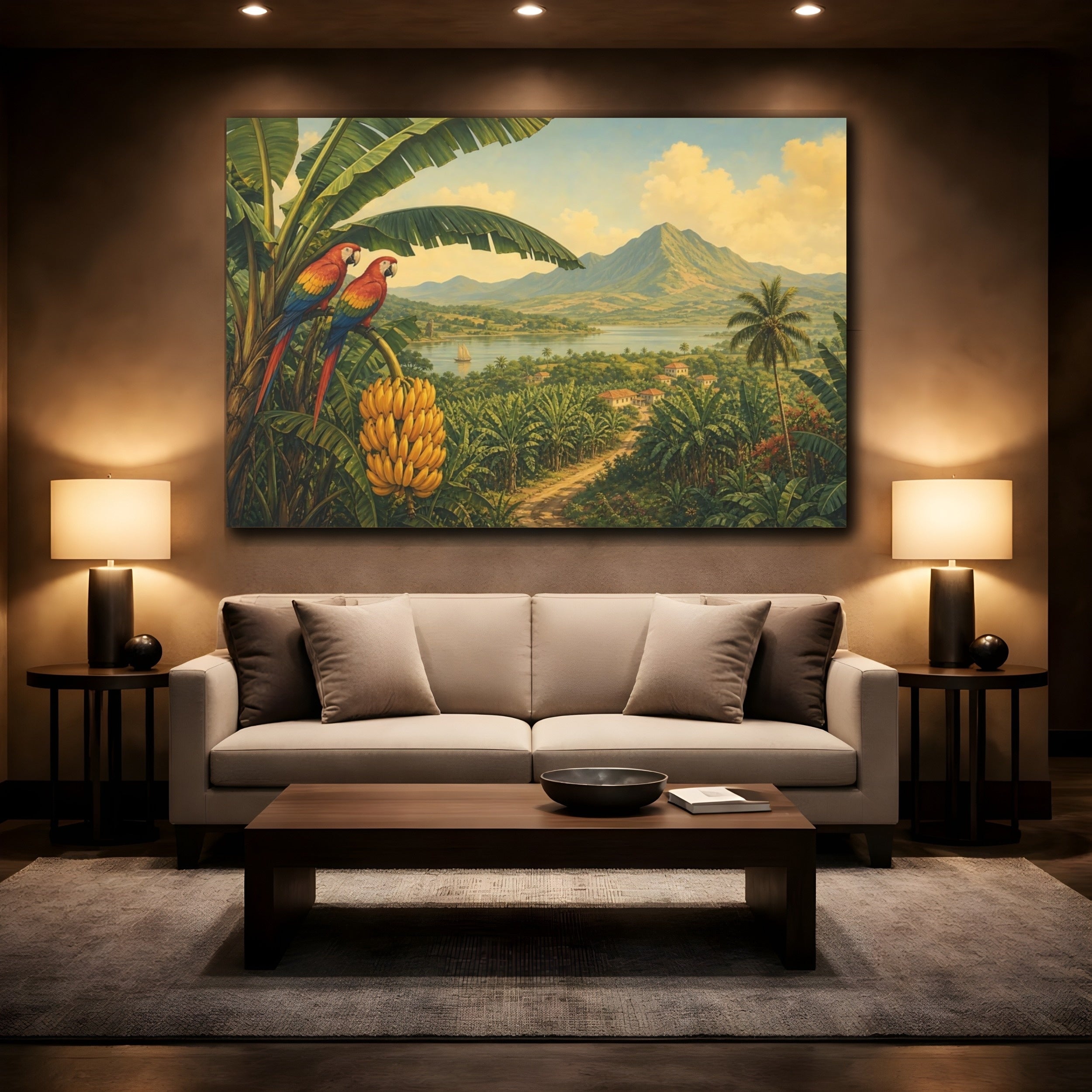 Mockup 2. Nature Tropical Parrots Tropical Landscape shown as stretched canvas wall art