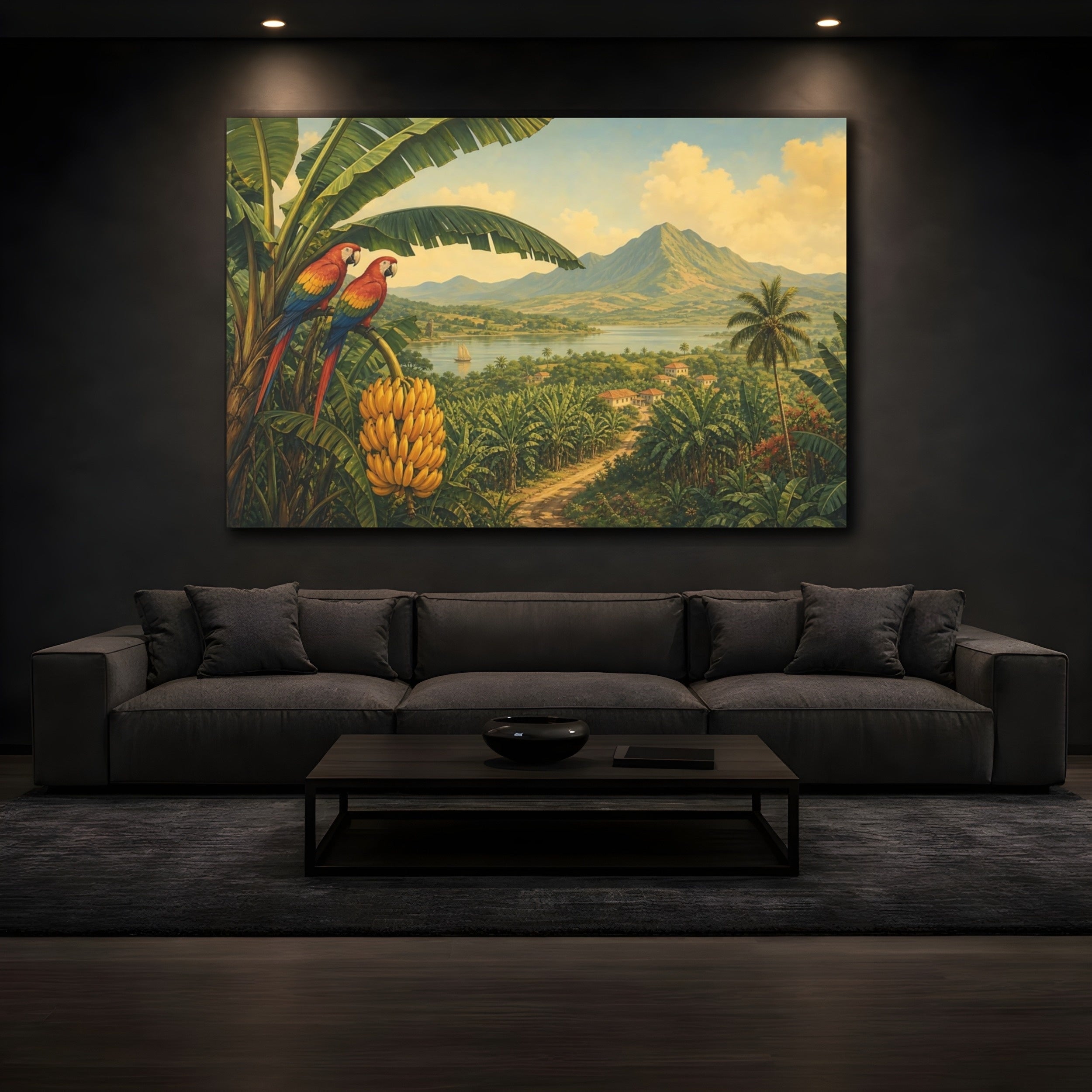 Mockup 3. Nature Tropical Parrots Tropical Landscape shown as stretched canvas wall art