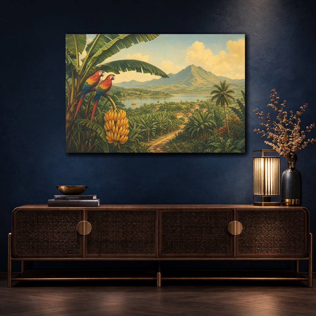 Mockup 4. Nature Tropical Parrots Tropical Landscape shown as stretched canvas wall art