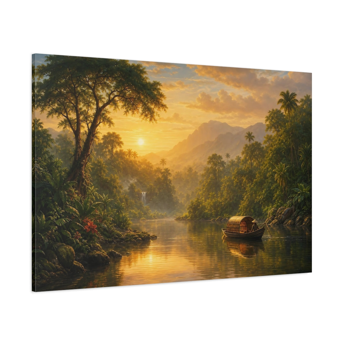 Side Mockup 1. Nature Tropical River Golden Tropical Landscape shown as stretched canvas wall art