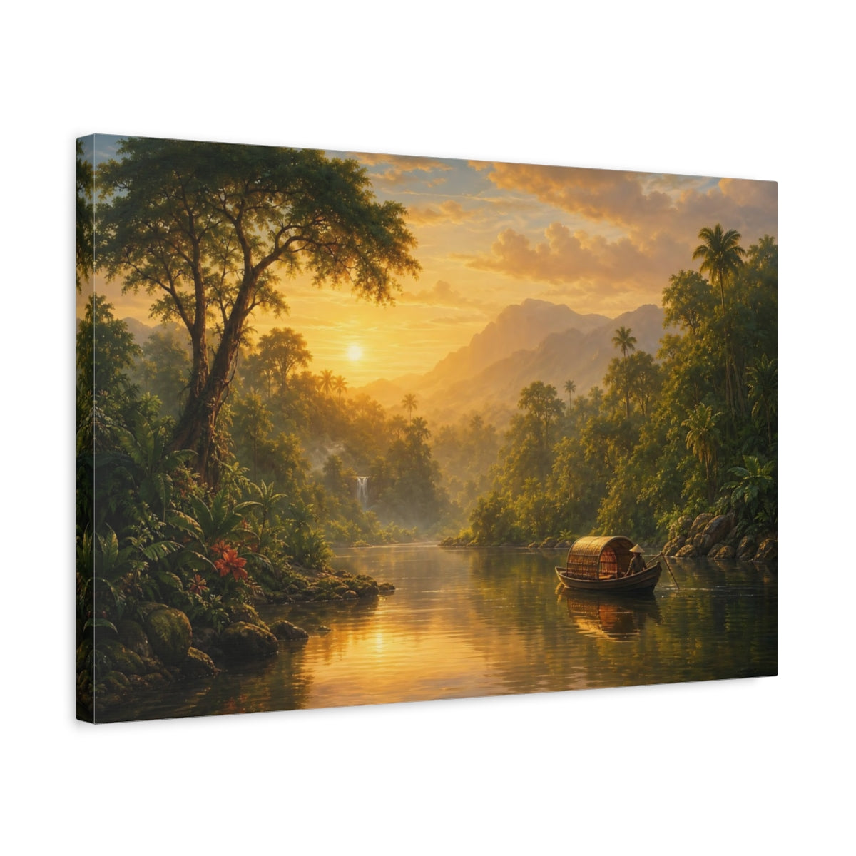 Side Mockup 3. Nature Tropical River Golden Tropical Landscape shown as stretched canvas wall art