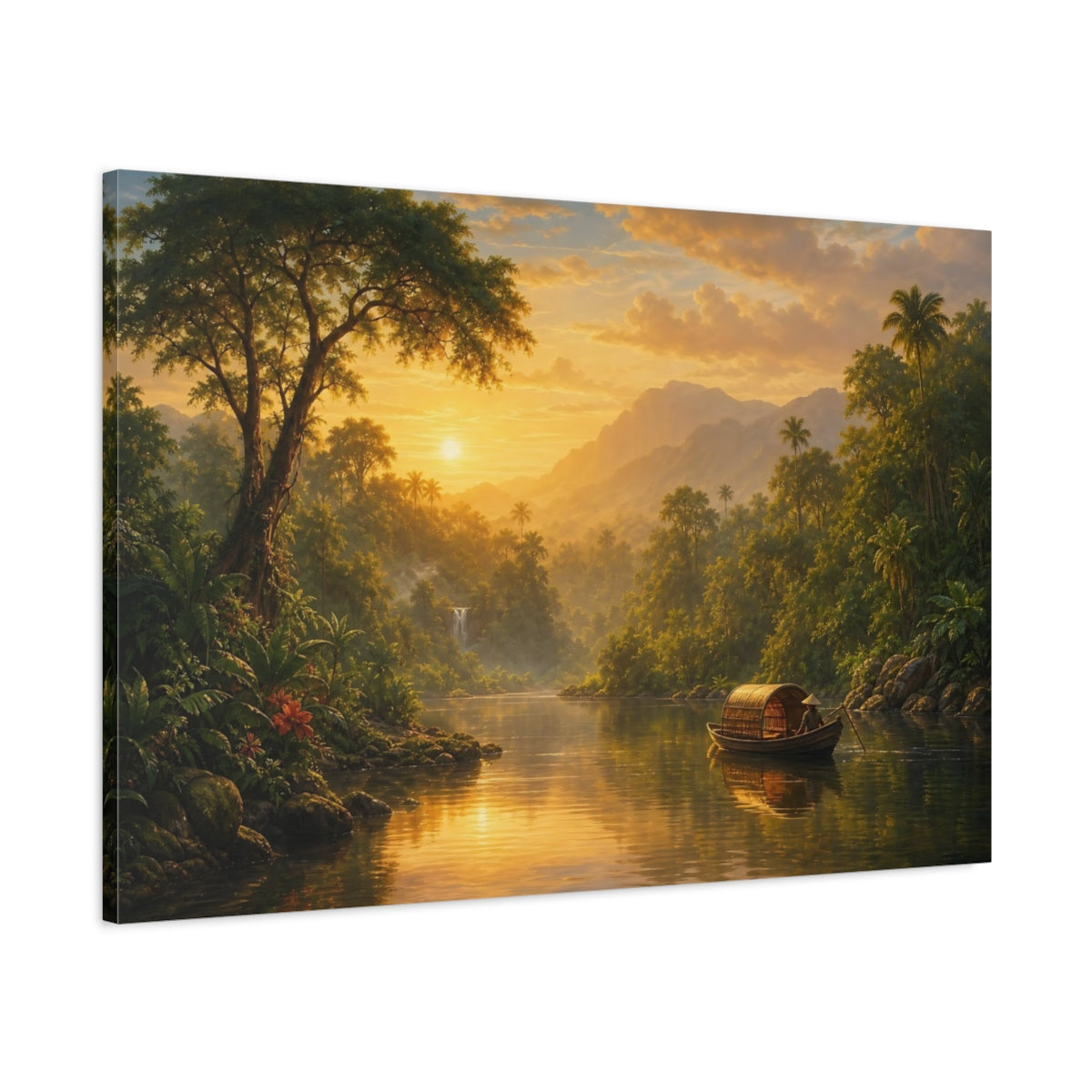 Main Mockup. Nature Tropical River Golden Tropical Landscape shown as stretched canvas wall art