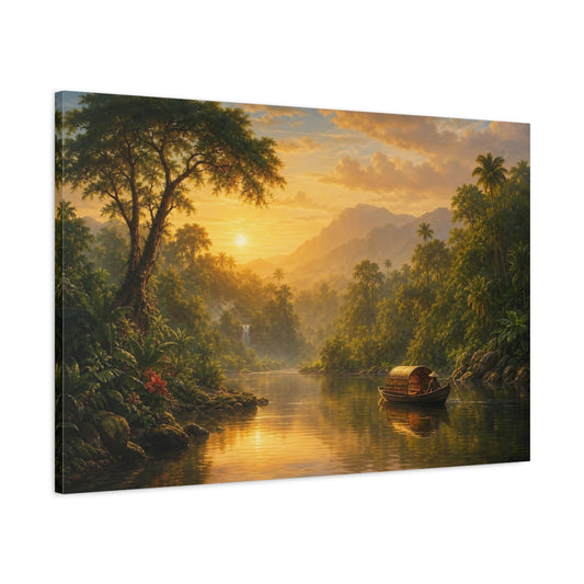 Main Mockup. Nature Tropical River Golden Tropical Landscape shown as stretched canvas wall art