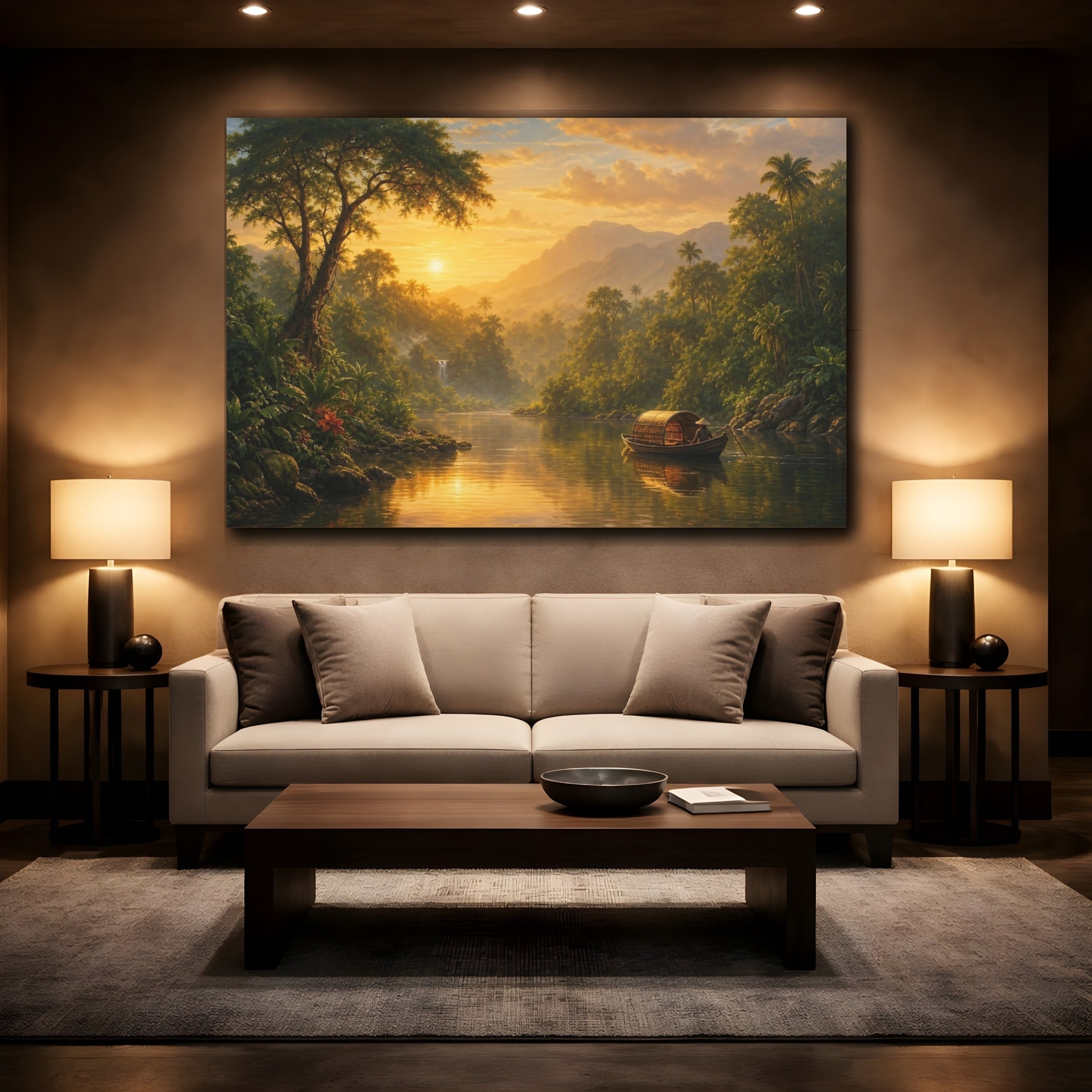 Mockup 2. Nature Tropical River Golden Tropical Landscape shown as stretched canvas wall art