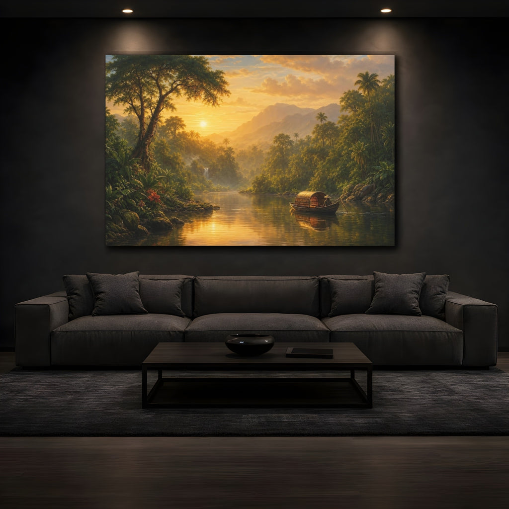 Mockup 3. Nature Tropical River Golden Tropical Landscape shown as stretched canvas wall art