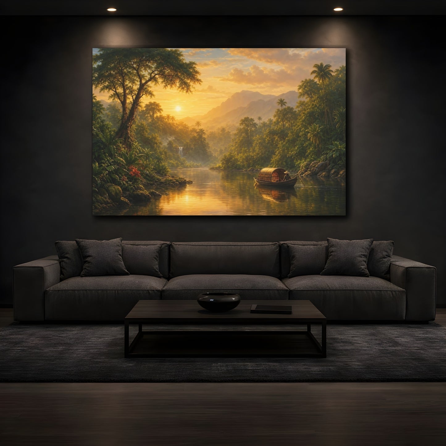 Mockup 3. Nature Tropical River Golden Tropical Landscape shown as stretched canvas wall art