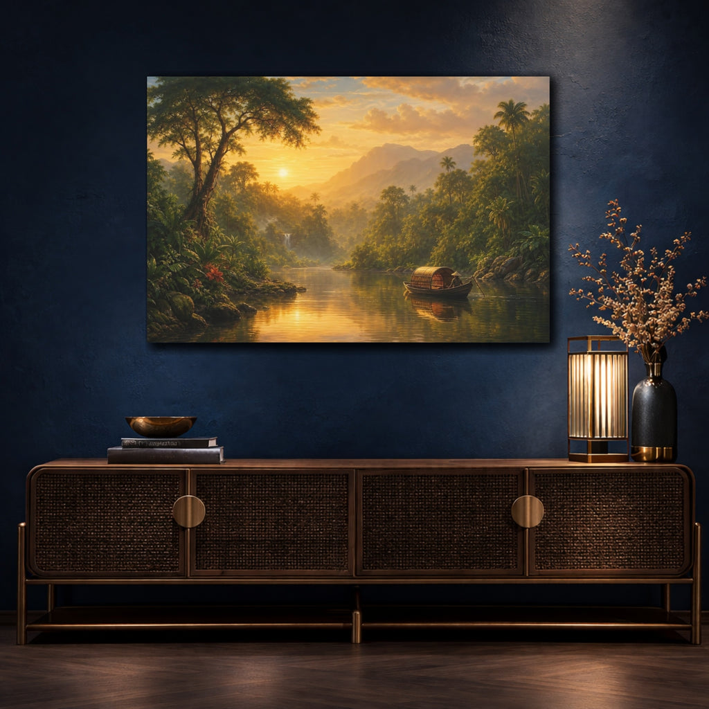 Mockup 4. Nature Tropical River Golden Tropical Landscape shown as stretched canvas wall art