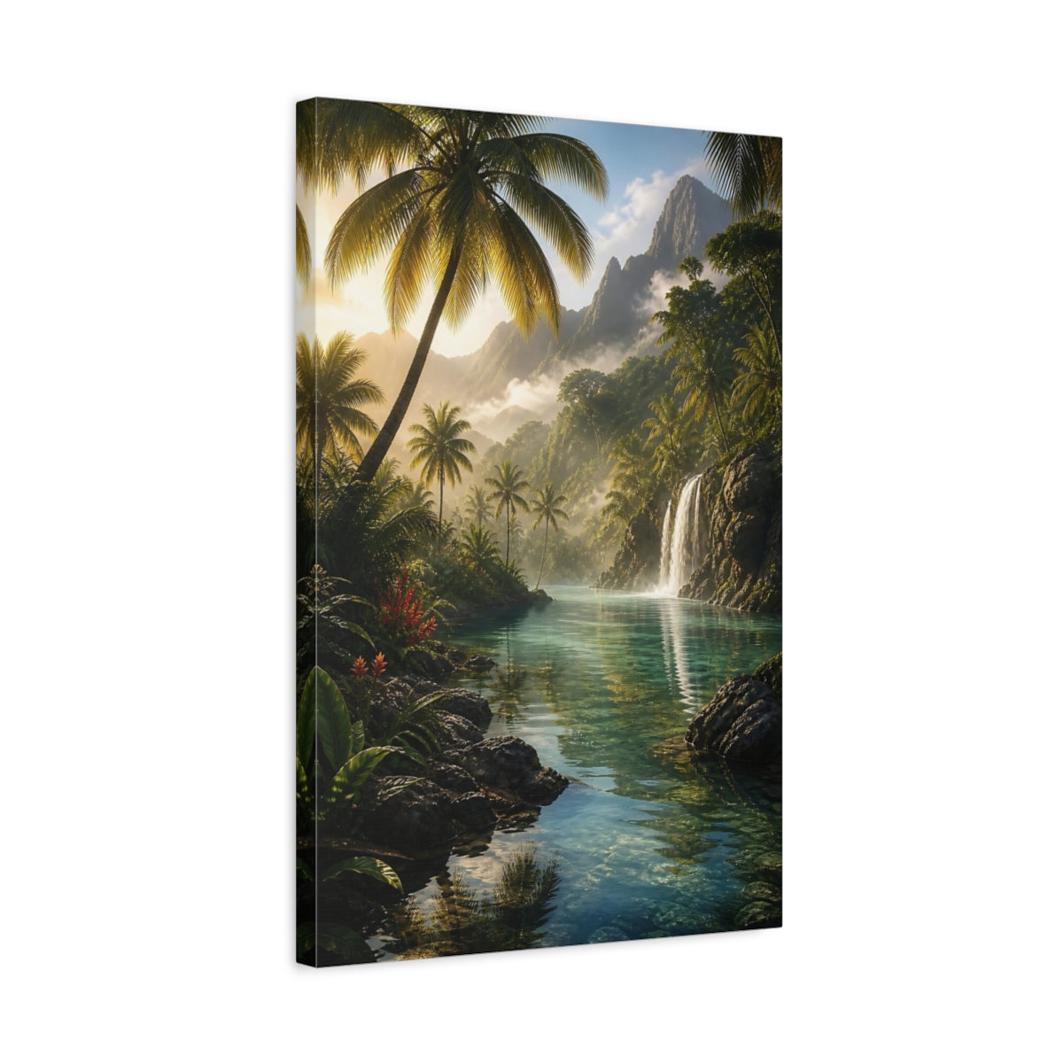 Side Mockup 3. Nature Tropical River Tropical Green shown as stretched canvas wall art