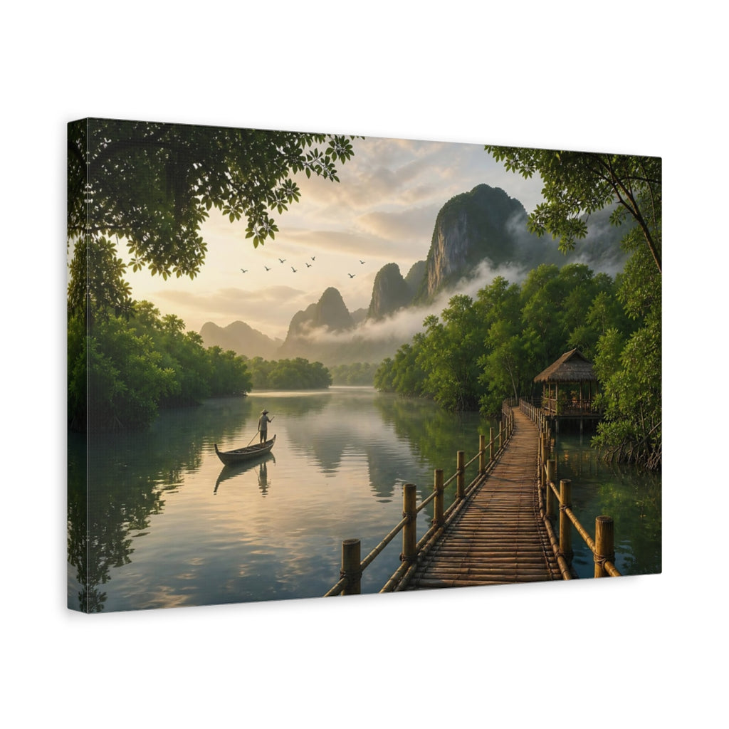Side Mockup 4. Nature Tropical River Tropical Green Landscape shown as stretched canvas wall art