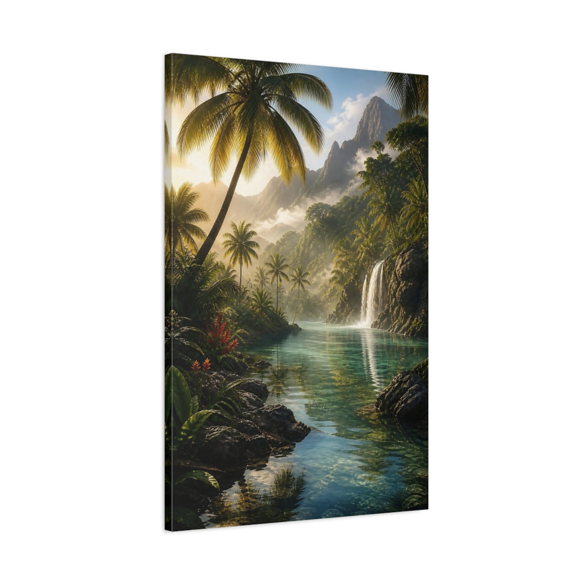 Main Mockup. Nature Tropical River Tropical Green shown as stretched canvas wall art