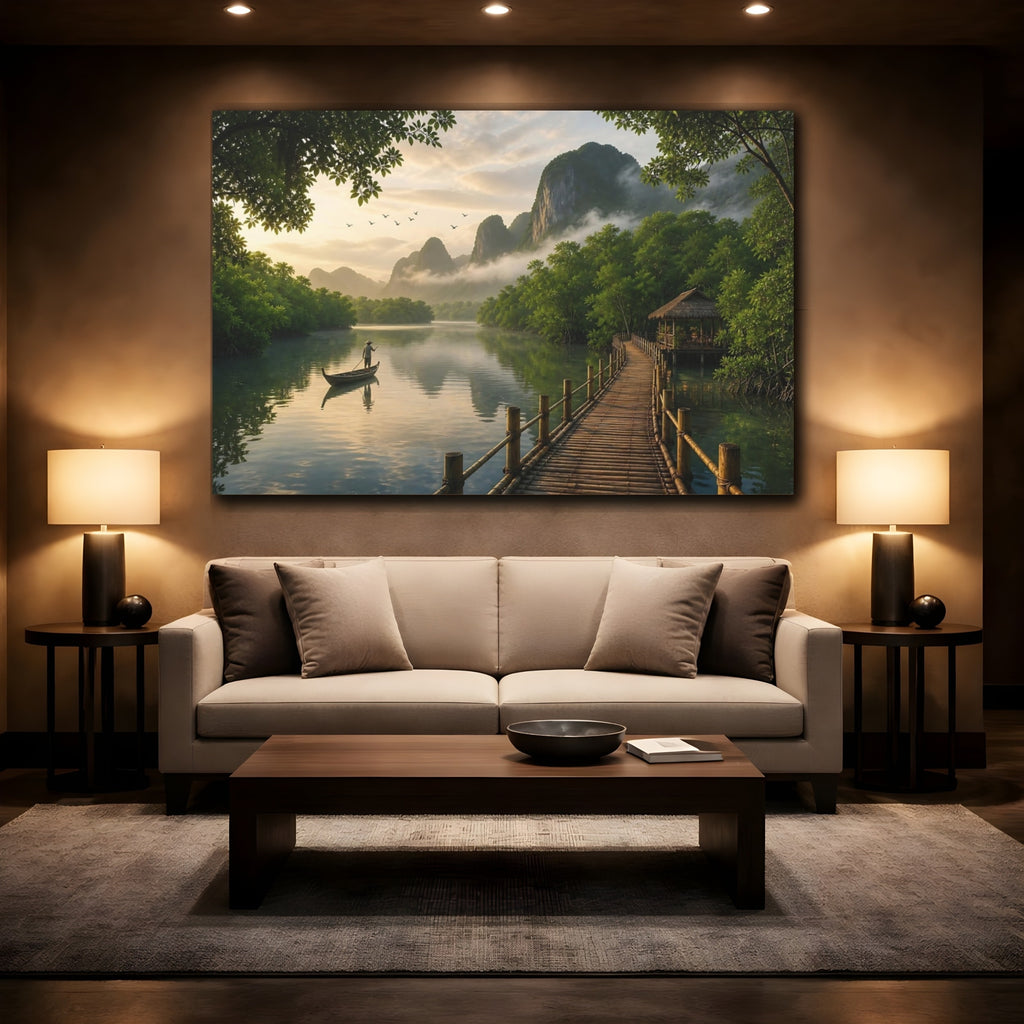 Mockup 2. Nature Tropical River Tropical Green Landscape shown as stretched canvas wall art