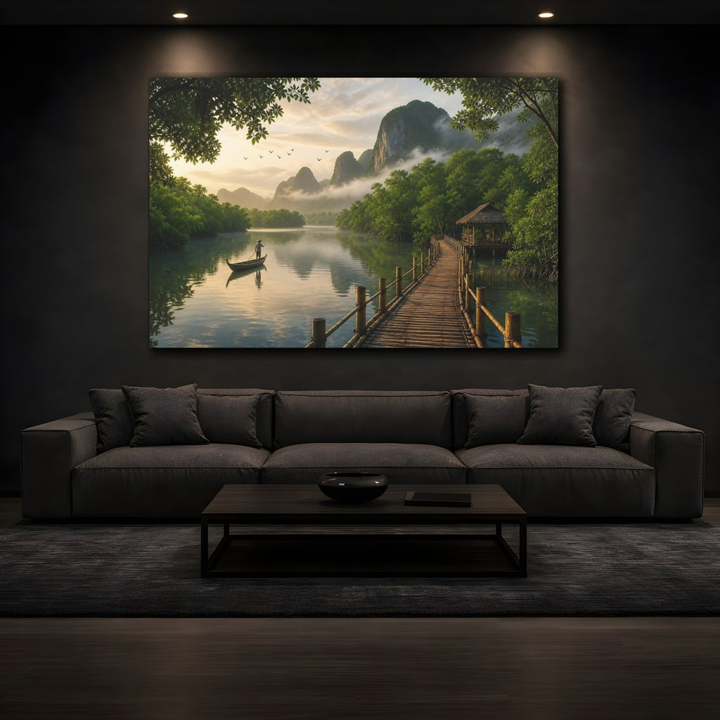 Mockup 3. Nature Tropical River Tropical Green Landscape shown as stretched canvas wall art
