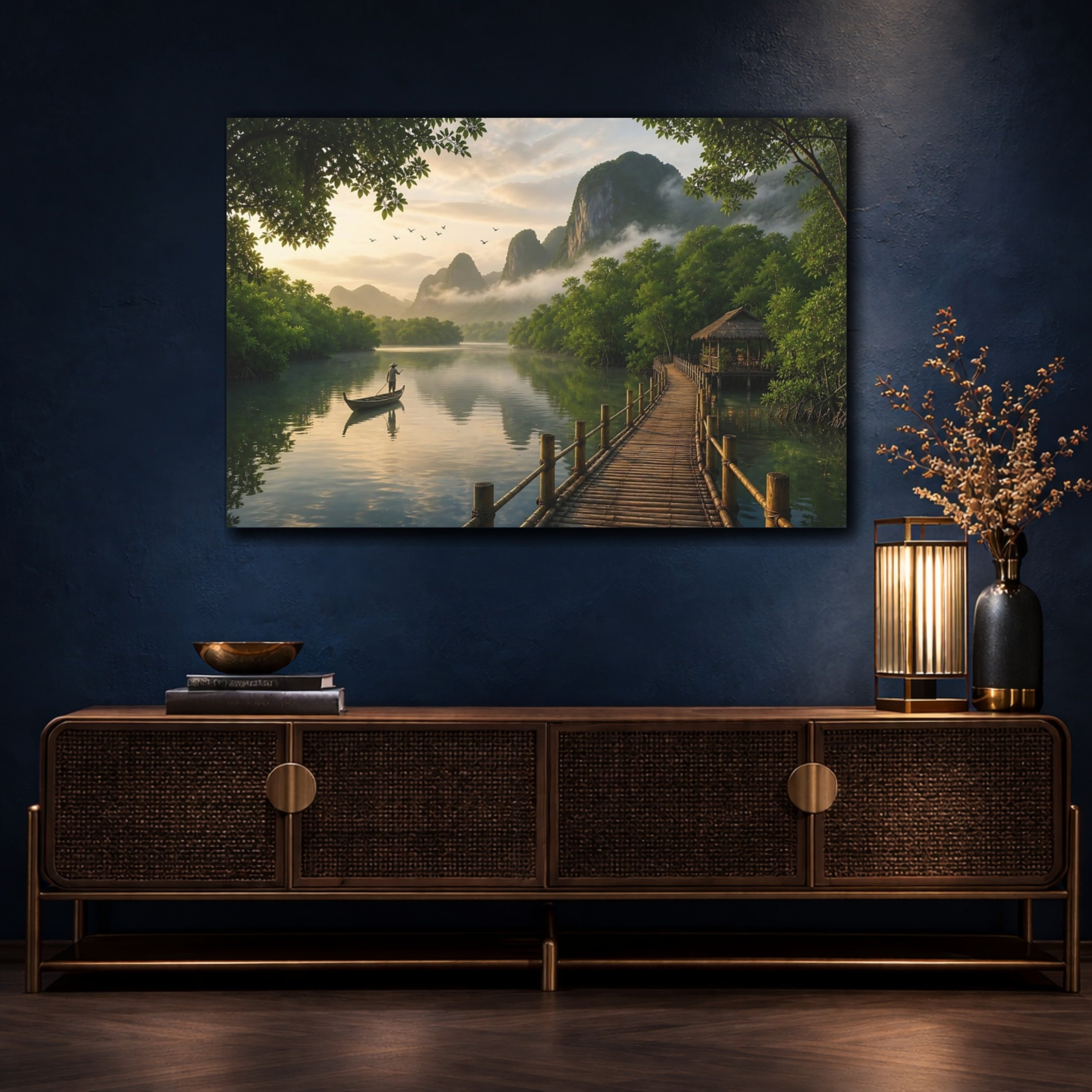 Mockup 4. Nature Tropical River Tropical Green Landscape shown as stretched canvas wall art