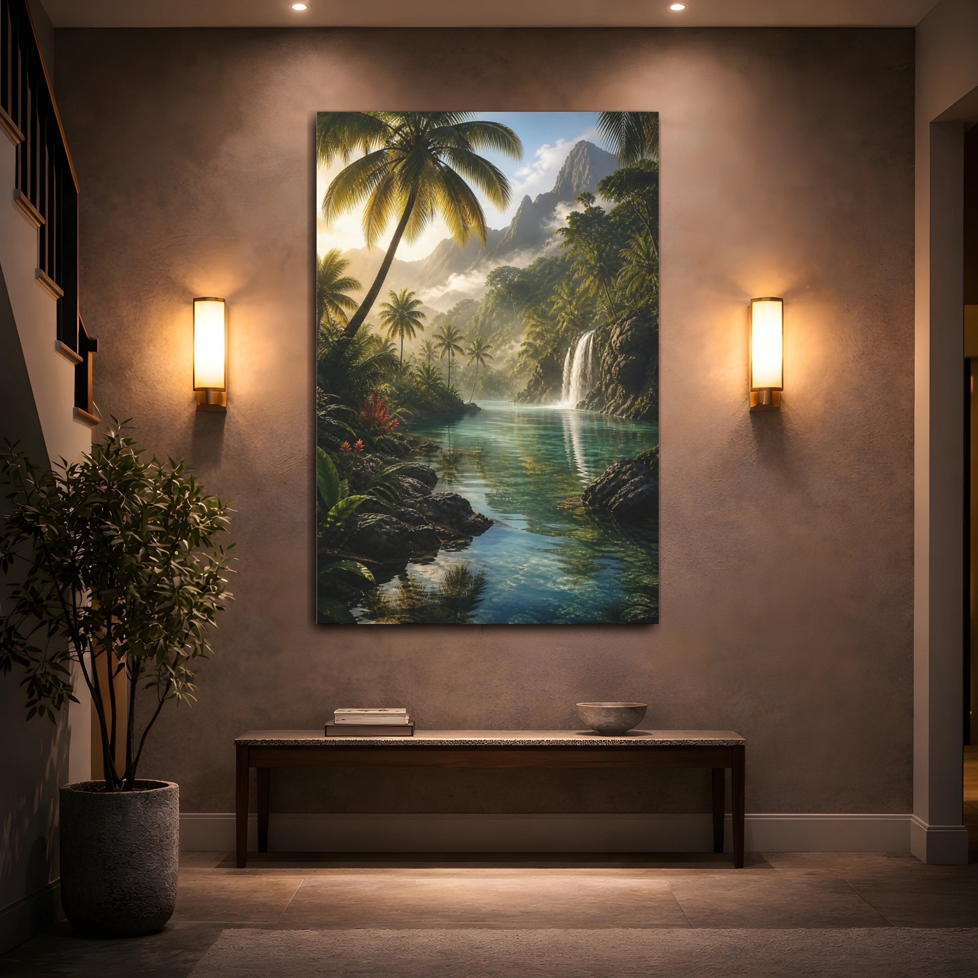 Mockup 2. Nature Tropical River Tropical Green shown as stretched canvas wall art