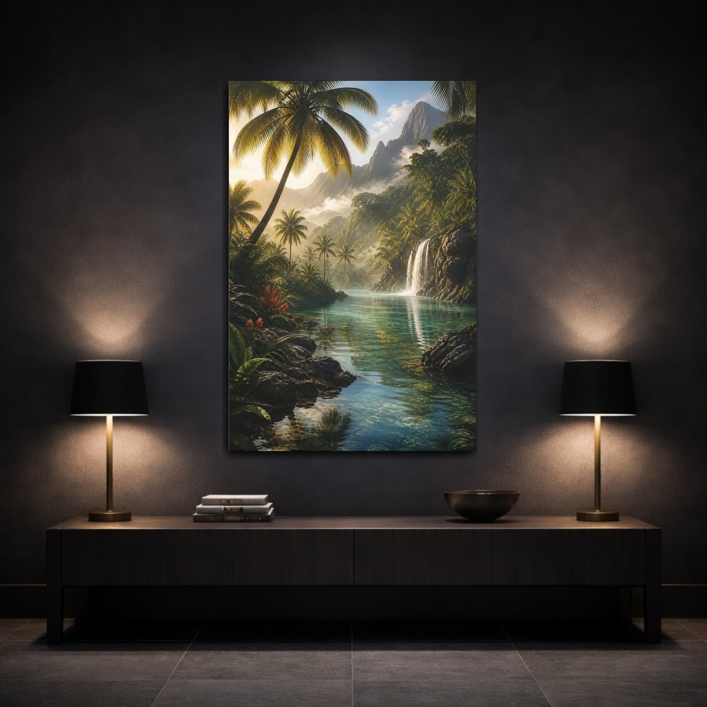 Mockup 3. Nature Tropical River Tropical Green shown as stretched canvas wall art