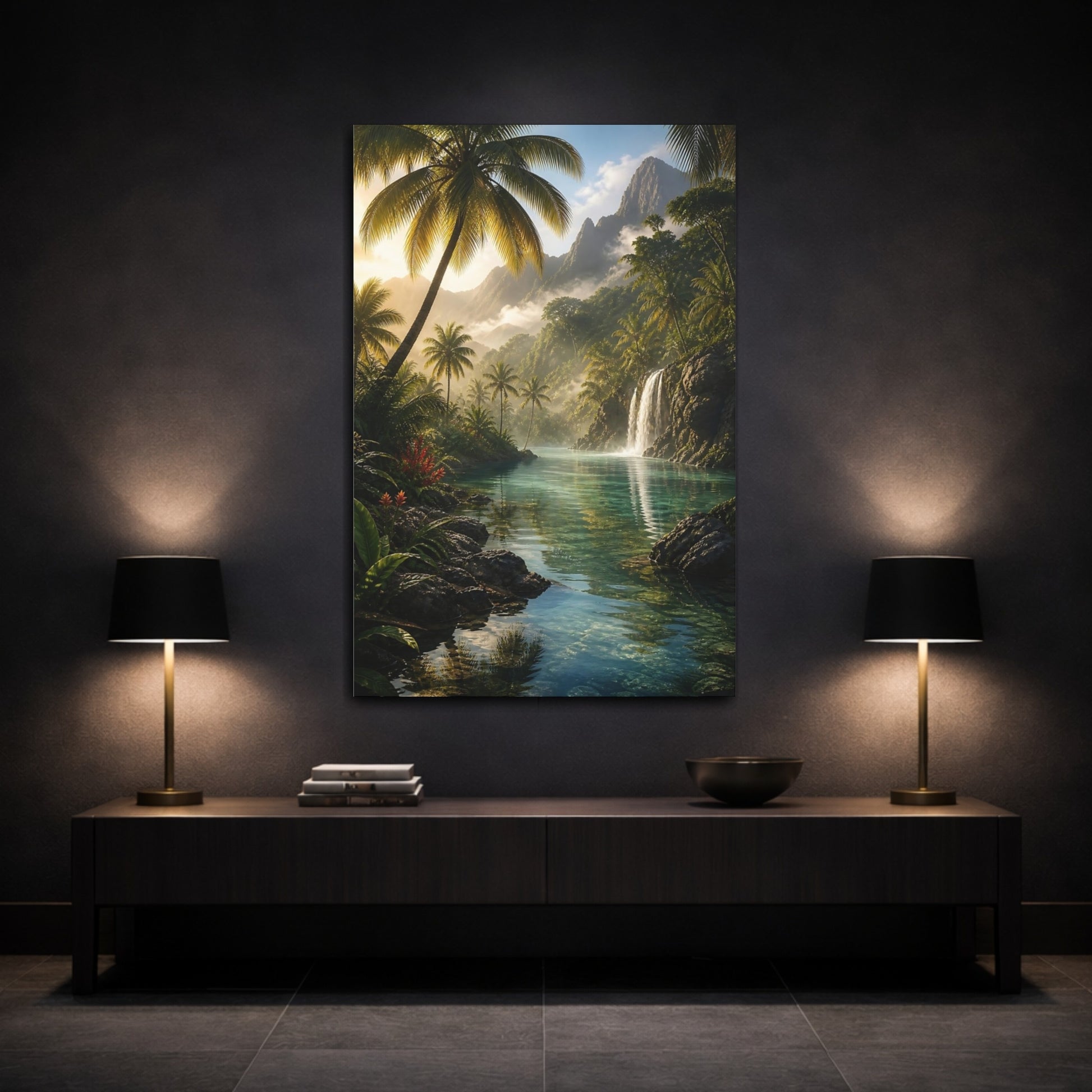 Mockup 3. Nature Tropical River Tropical Green shown as stretched canvas wall art