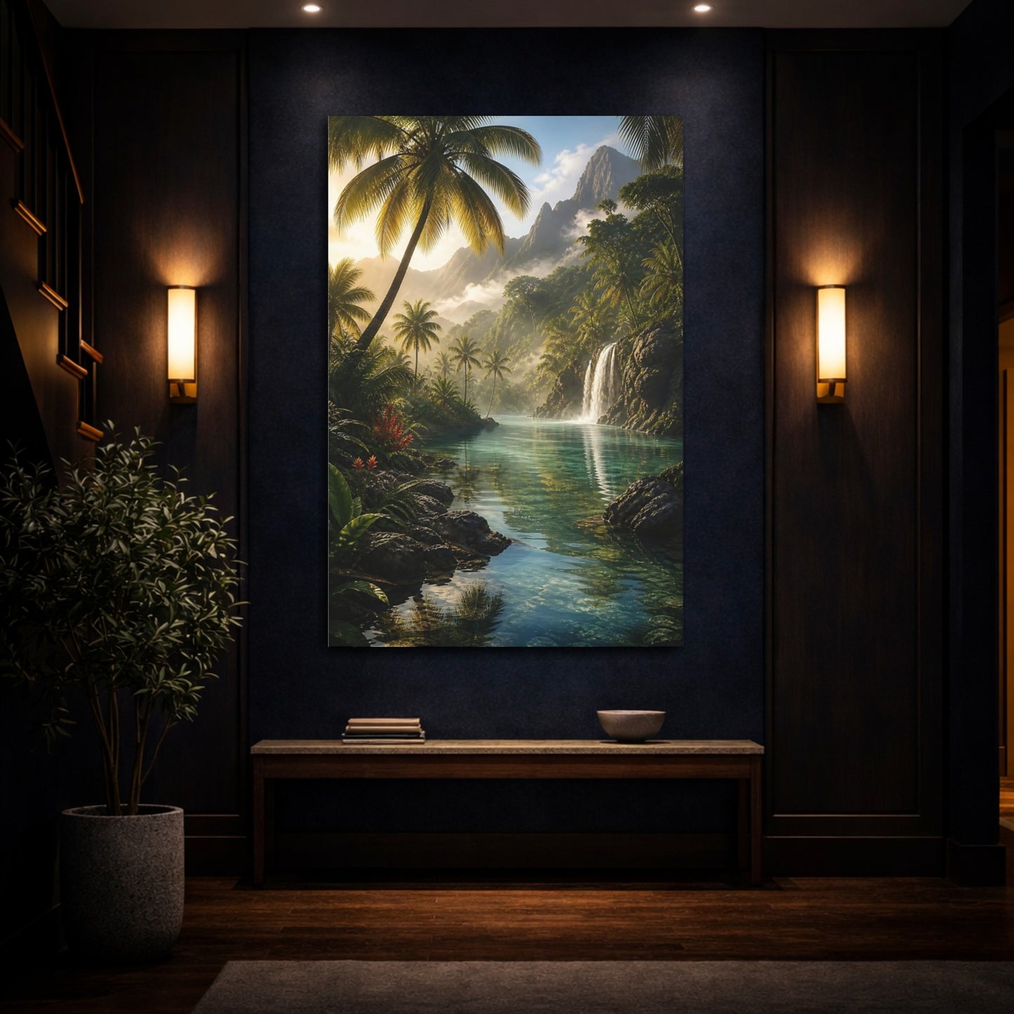 Mockup 4. Nature Tropical River Tropical Green shown as stretched canvas wall art