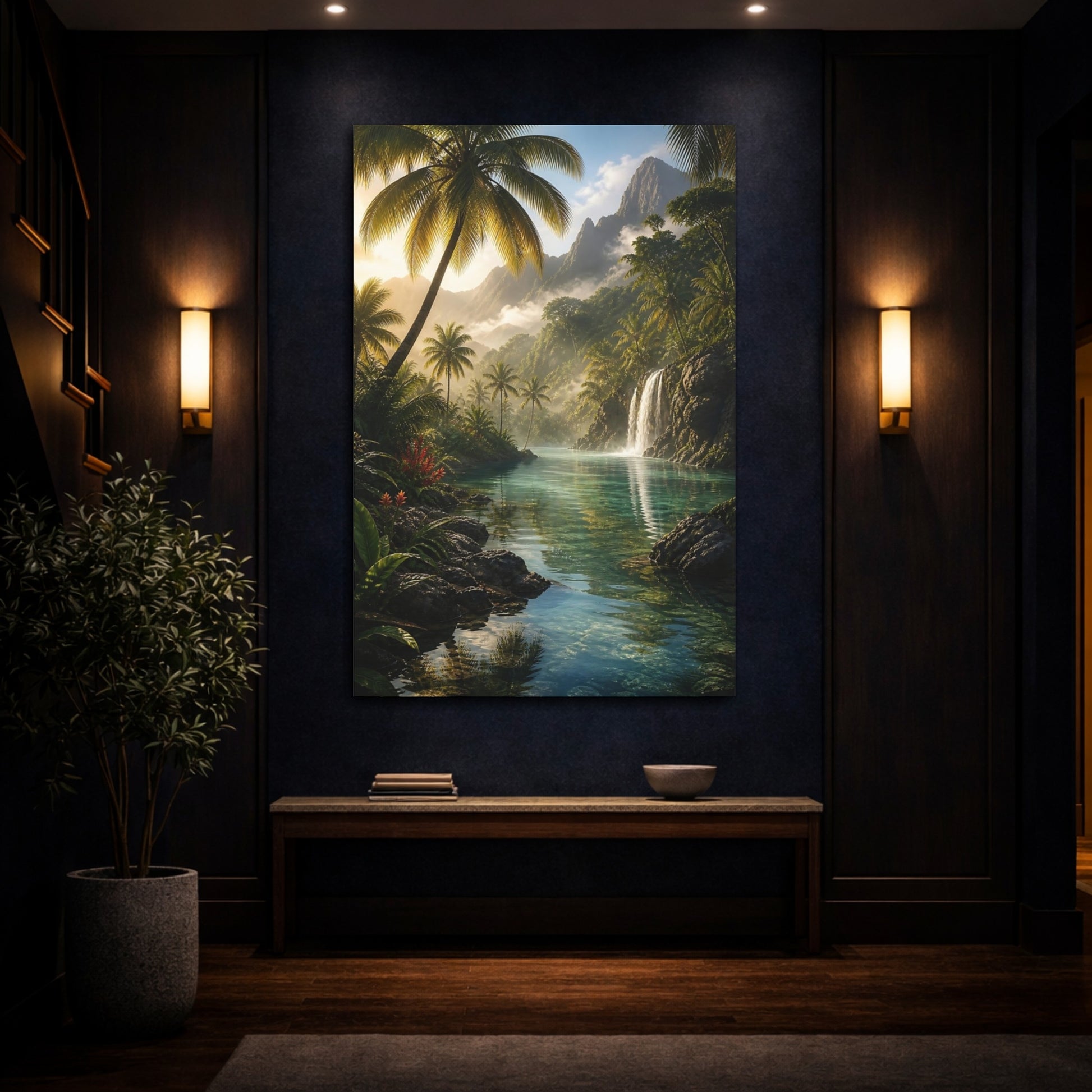 Mockup 4. Nature Tropical River Tropical Green shown as stretched canvas wall art