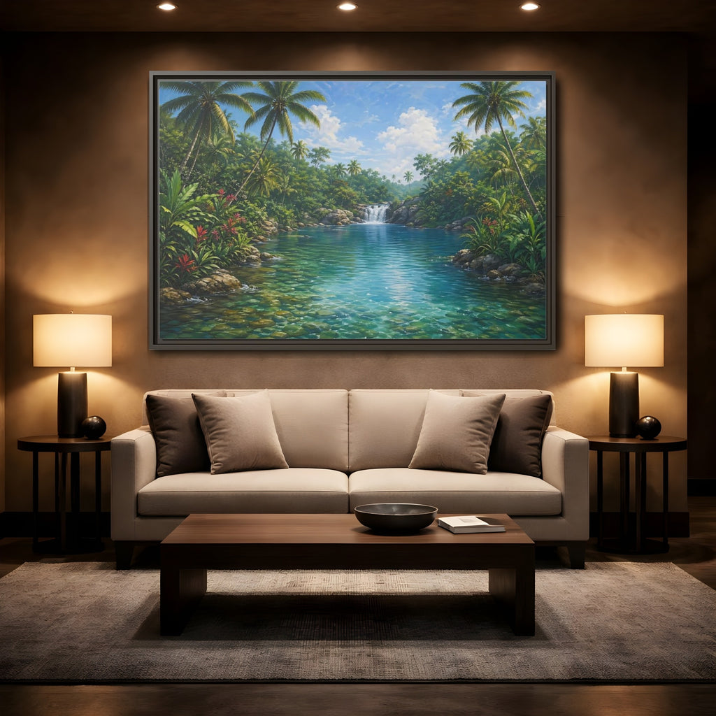 Mockup 2. Nature Tropical River Tropical River Landscape shown as stretched canvas wall art