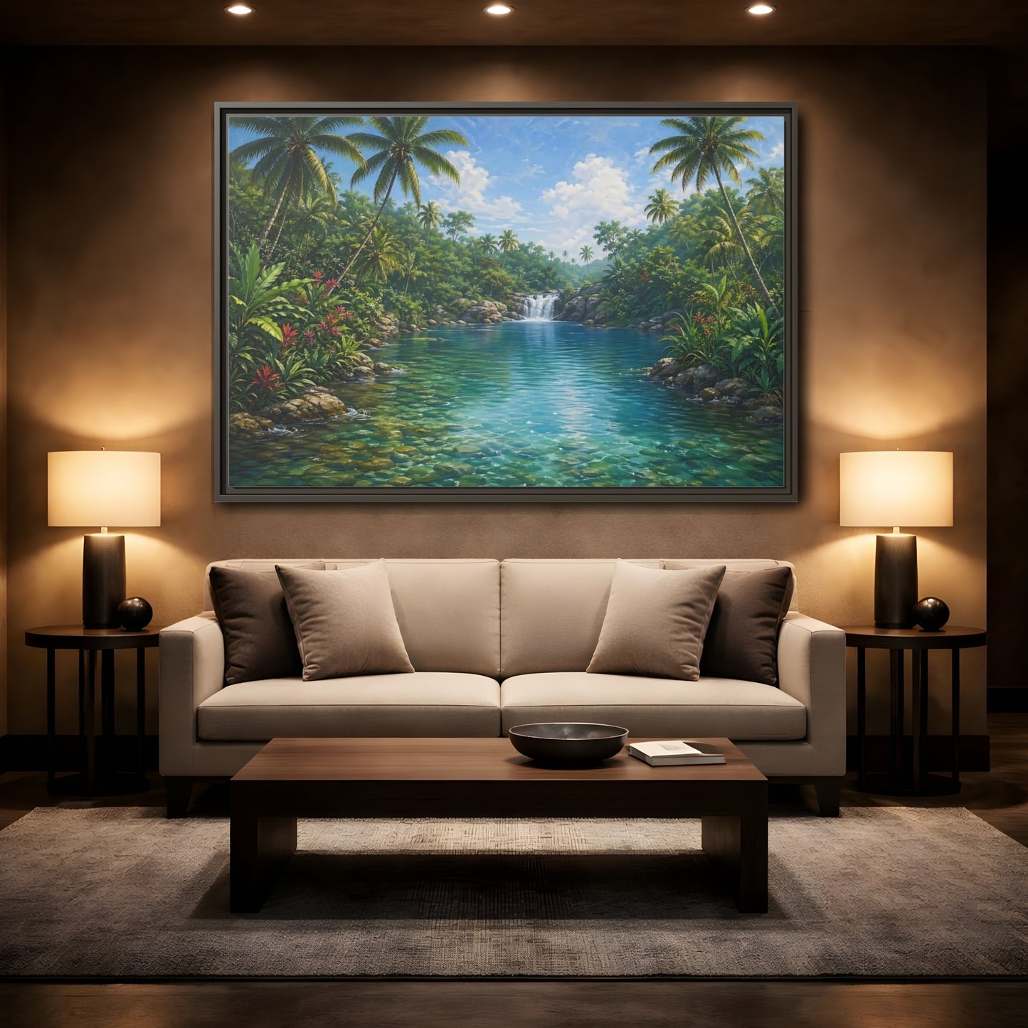 Mockup 2. Nature Tropical River Tropical River Landscape shown as stretched canvas wall art