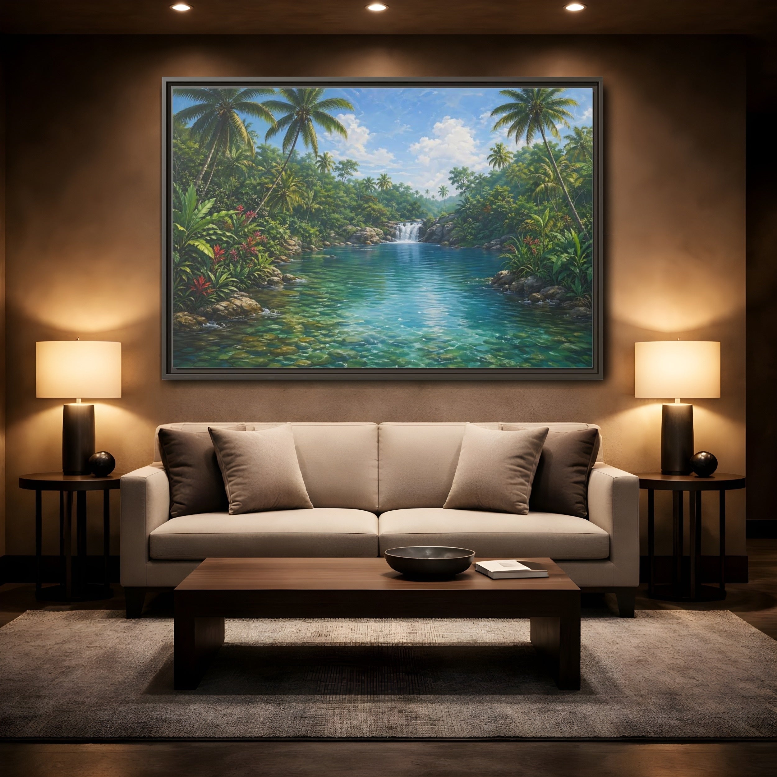 Mockup 2. Nature Tropical River Tropical River Landscape shown as stretched canvas wall art