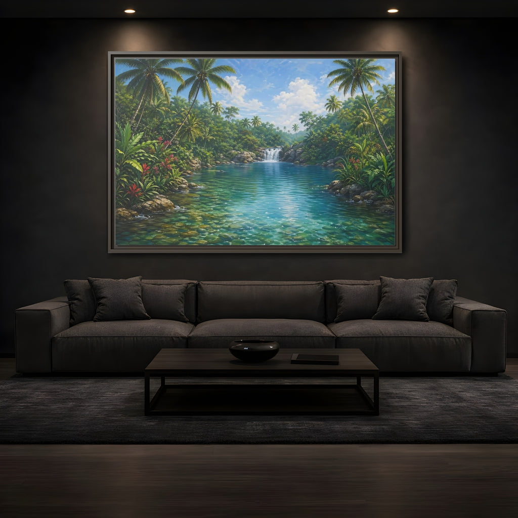 Mockup 3. Nature Tropical River Tropical River Landscape shown as stretched canvas wall art