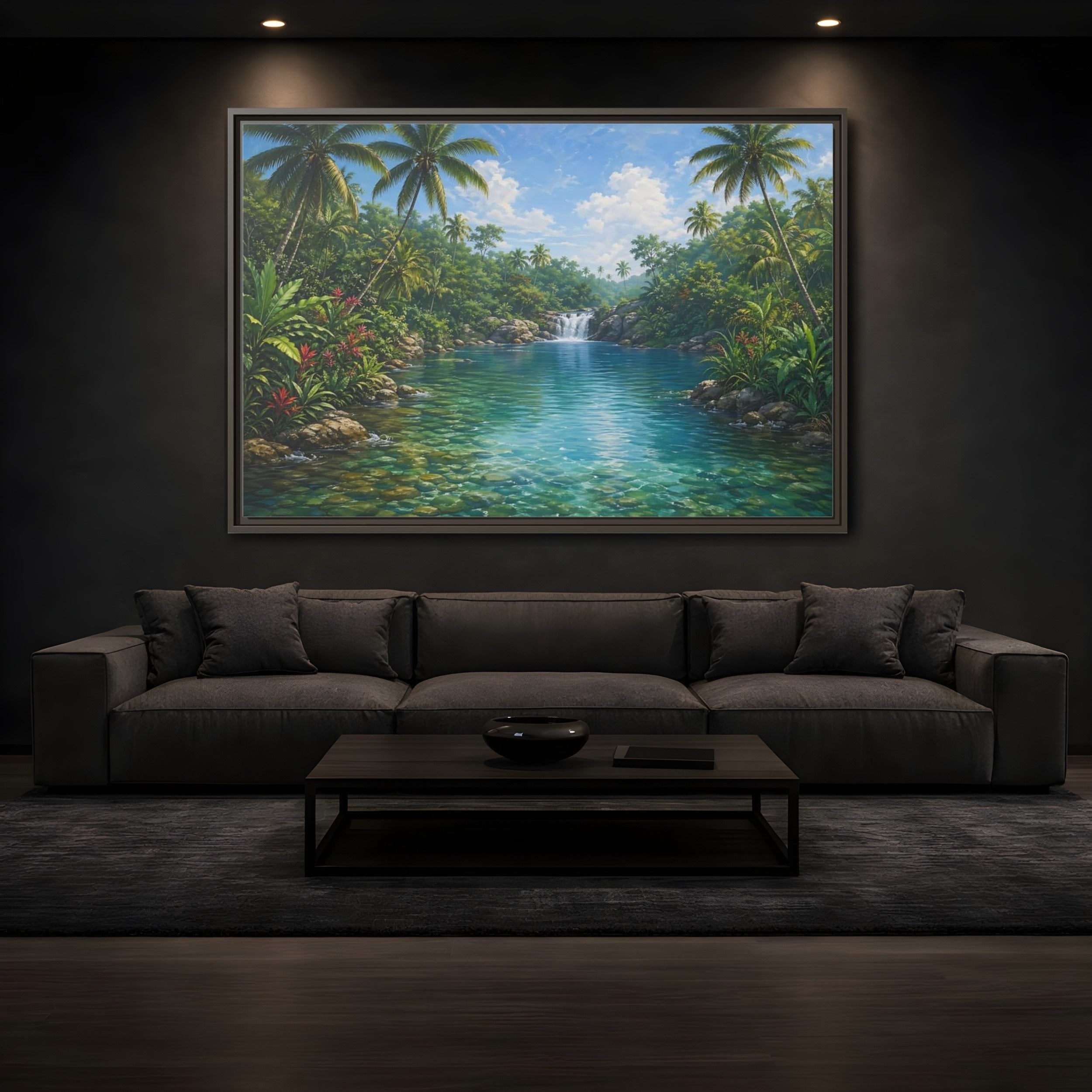 Mockup 3. Nature Tropical River Tropical River Landscape shown as stretched canvas wall art