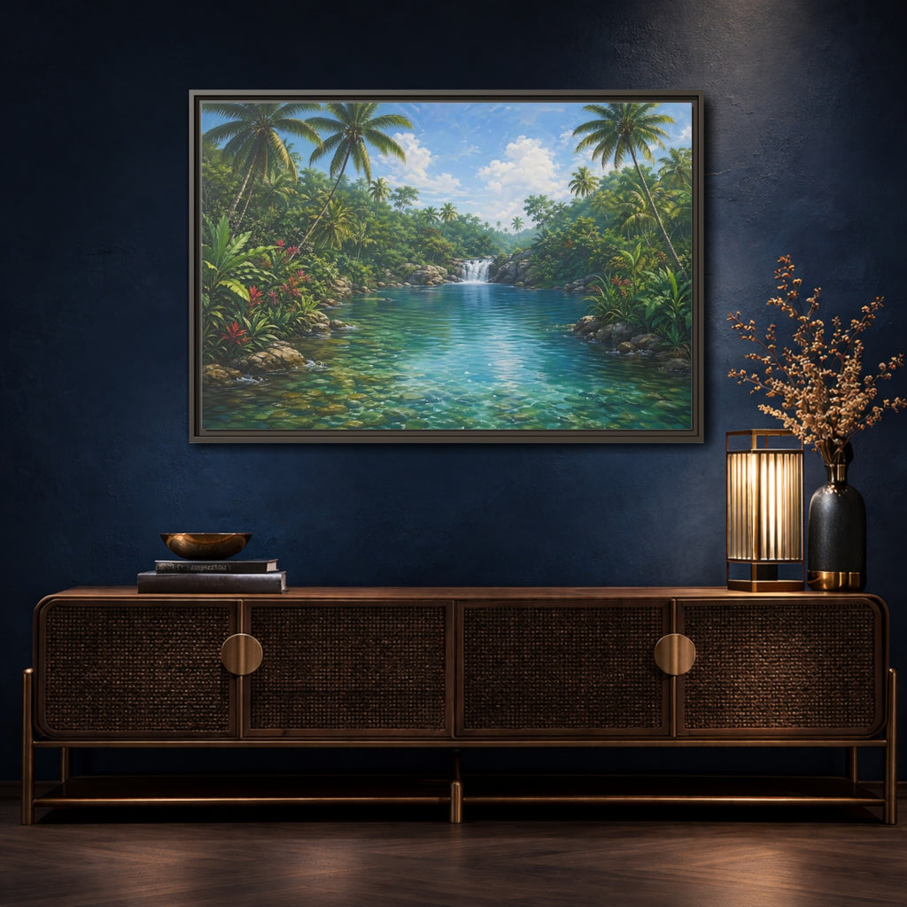 Mockup 4. Nature Tropical River Tropical River Landscape shown as stretched canvas wall art