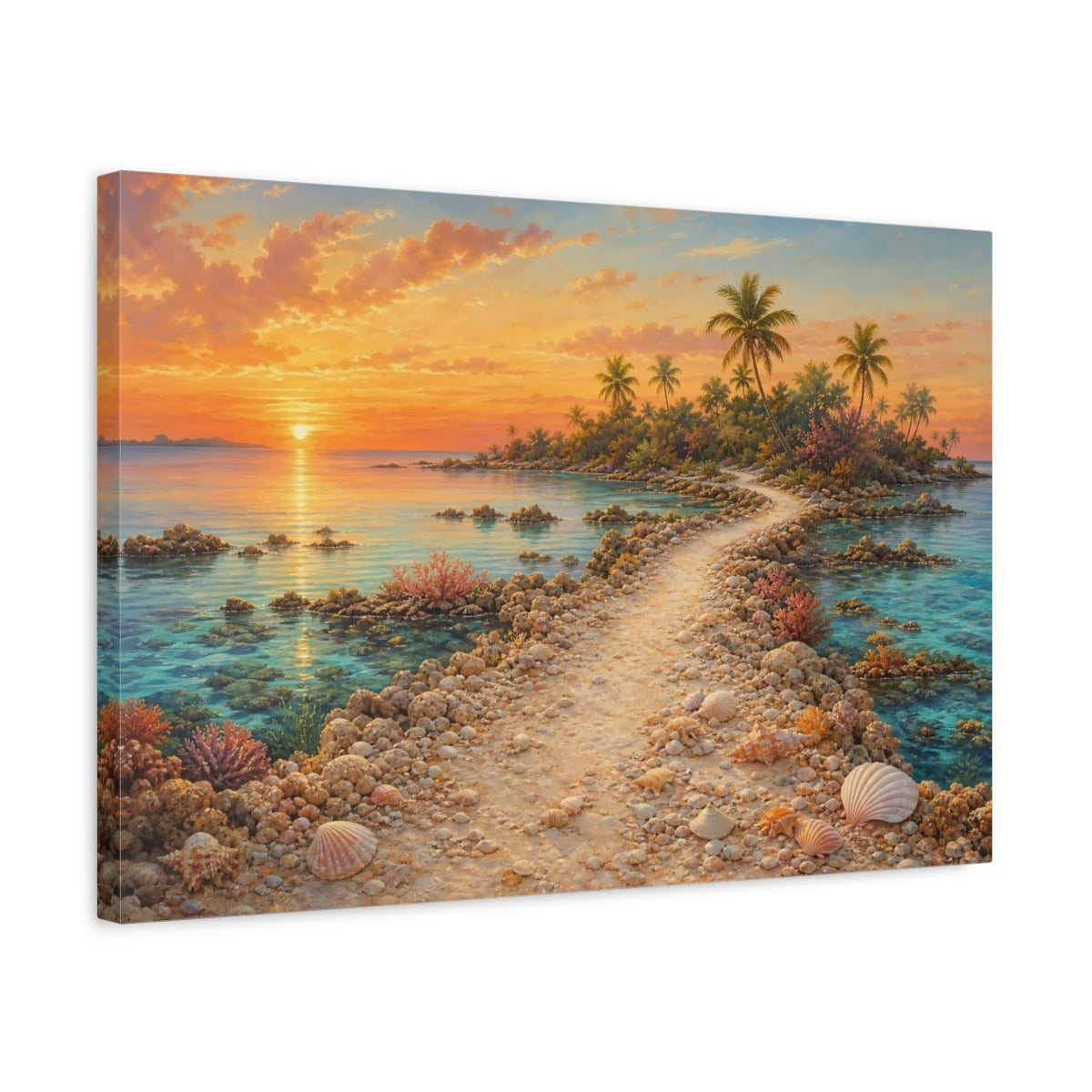 Side Mockup 3. Nature Tropical Sunset Orange Ocean Sunset shown as stretched canvas wall art
