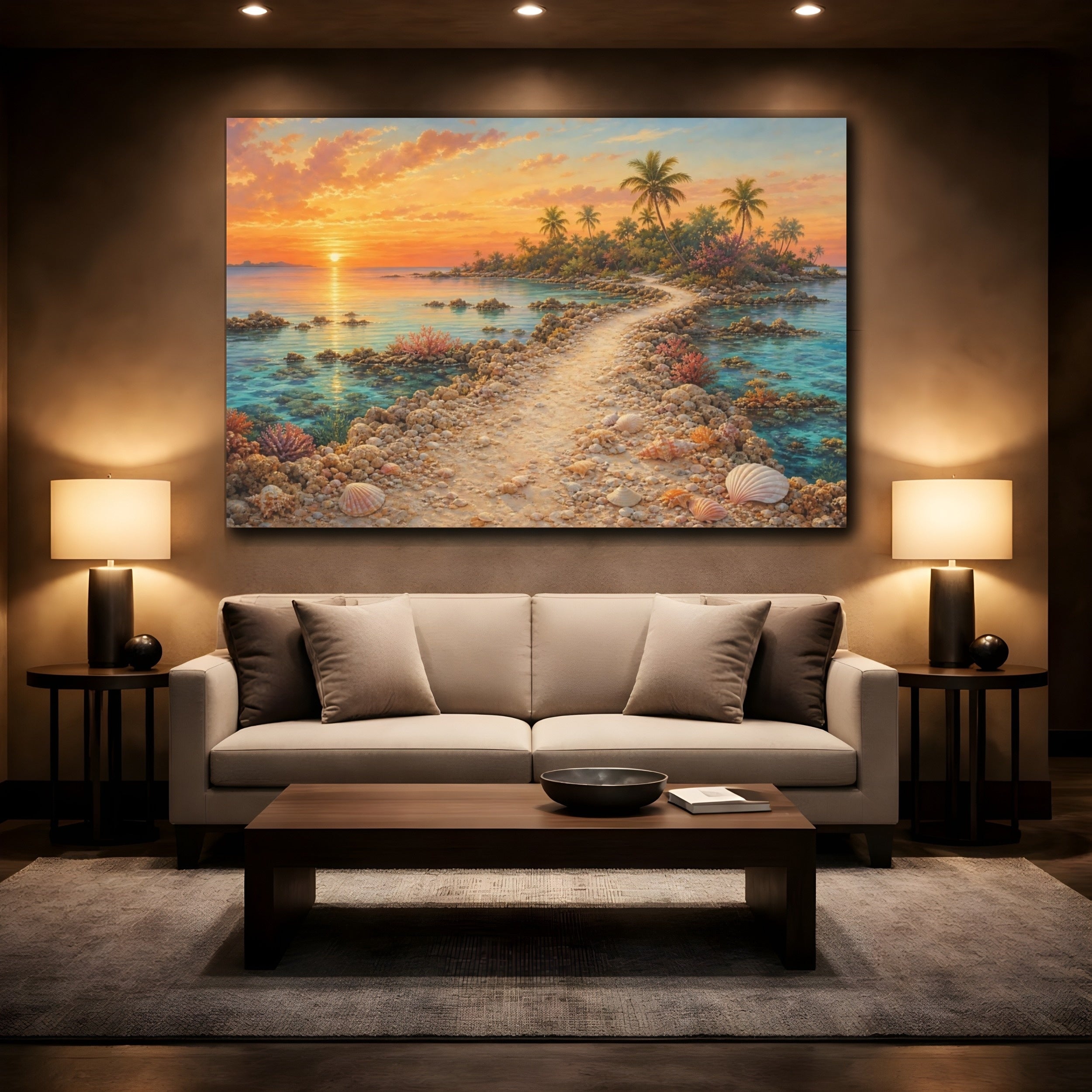 Mockup 2. Nature Tropical Sunset Orange Ocean Sunset shown as stretched canvas wall art