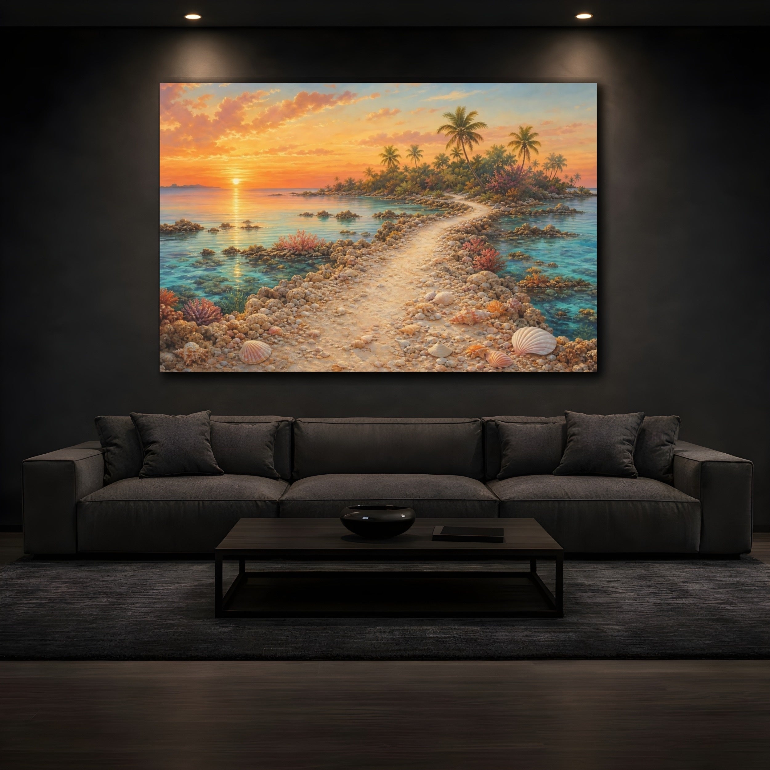 Mockup 3. Nature Tropical Sunset Orange Ocean Sunset shown as stretched canvas wall art
