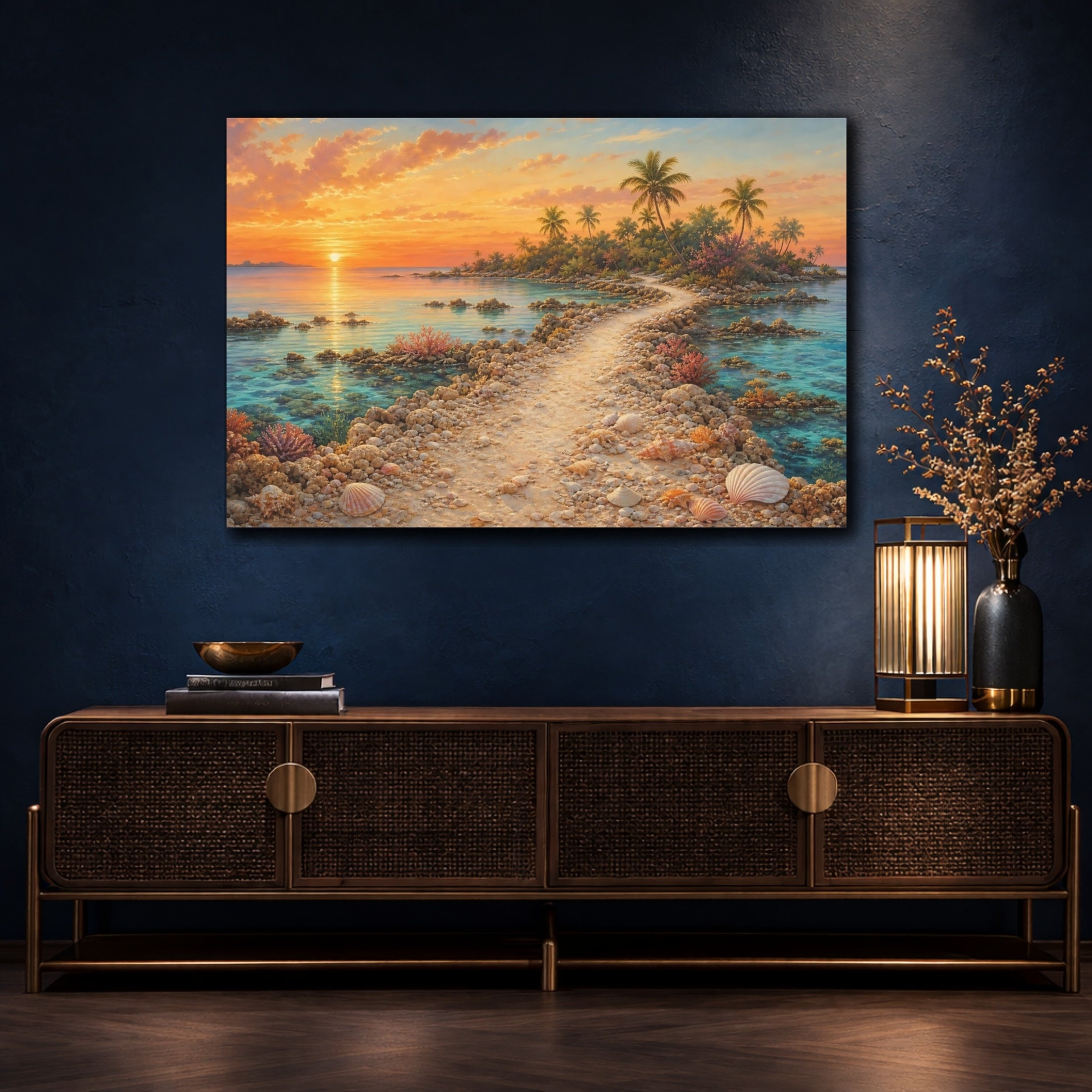 Mockup 4. Nature Tropical Sunset Orange Ocean Sunset shown as stretched canvas wall art