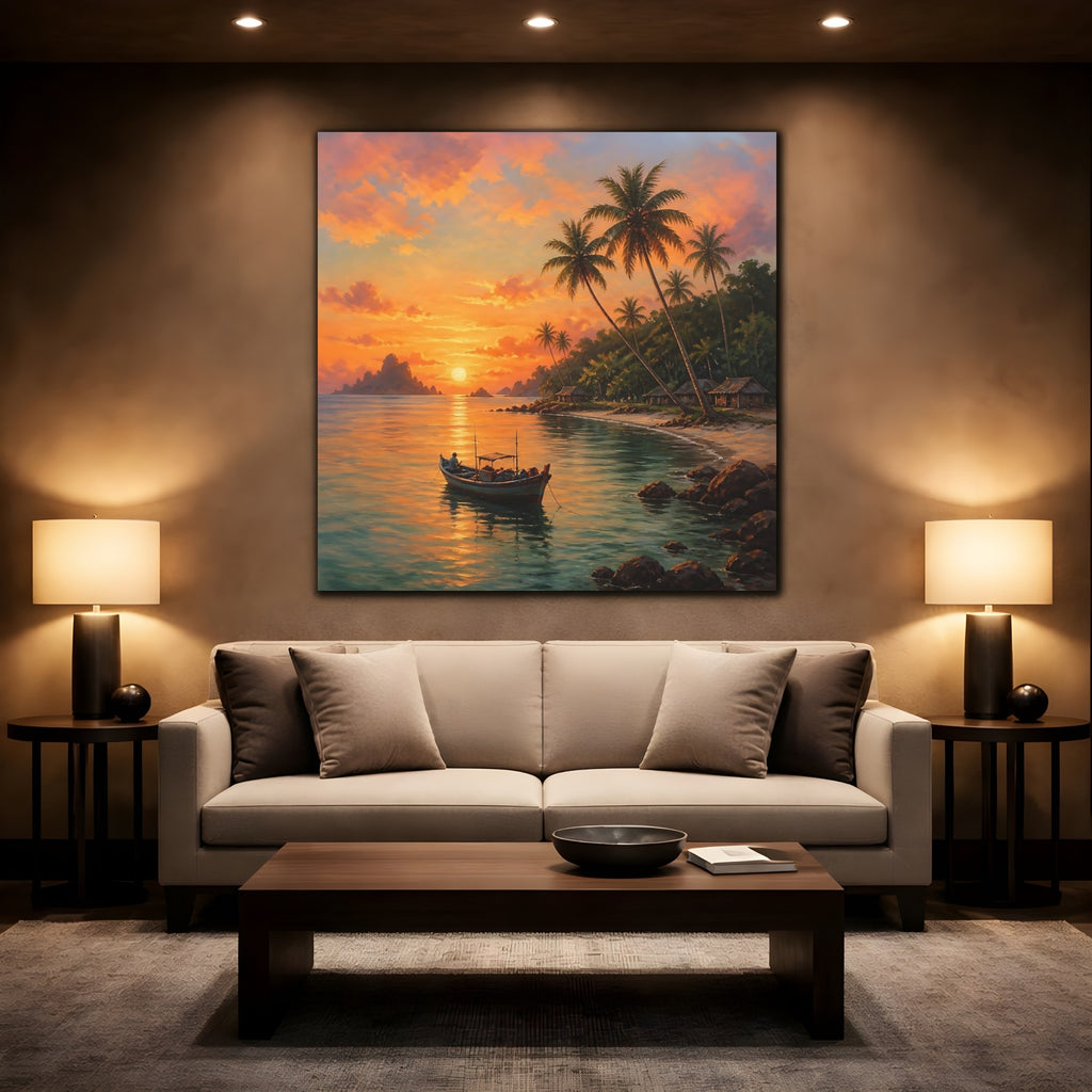 Mockup 2. Nature Tropical Sunset Tropical Sunset Orange shown as stretched canvas wall art