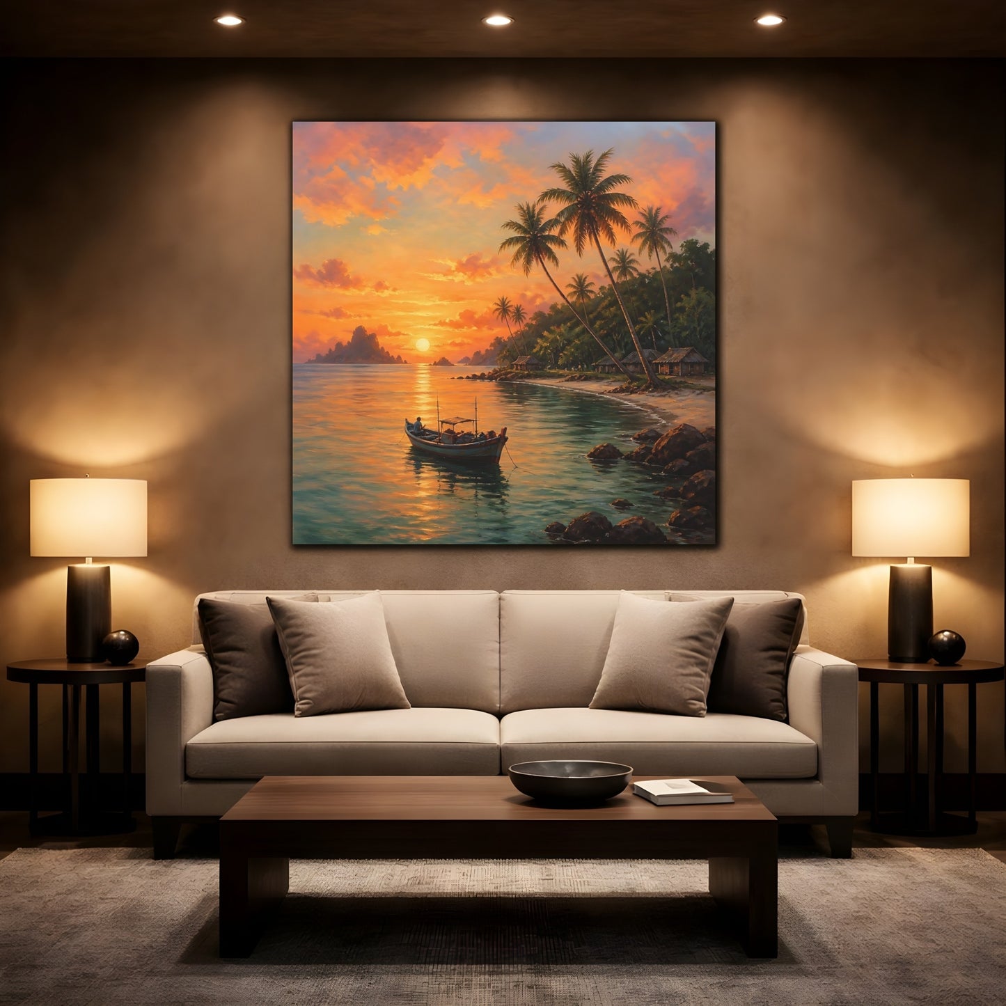 Mockup 2. Nature Tropical Sunset Tropical Sunset Orange shown as stretched canvas wall art