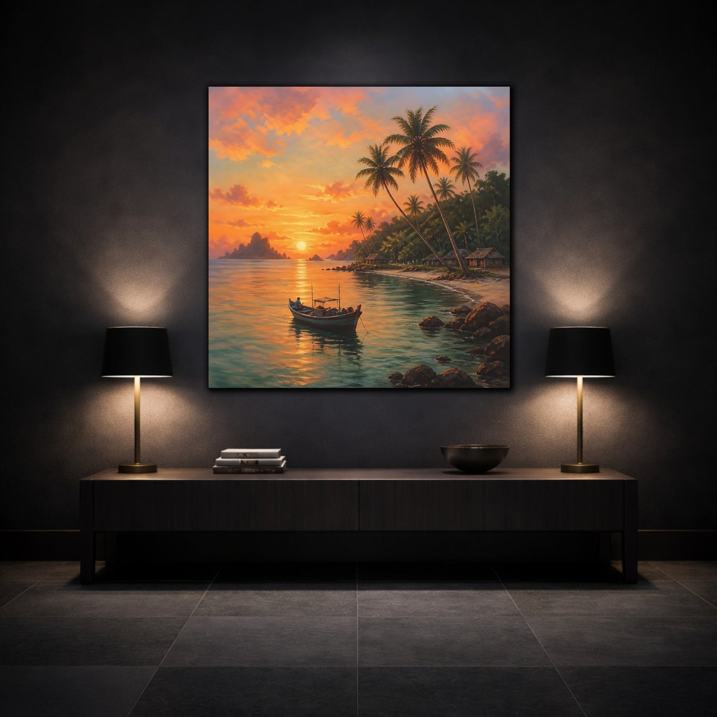 Mockup 3. Nature Tropical Sunset Tropical Sunset Orange shown as stretched canvas wall art