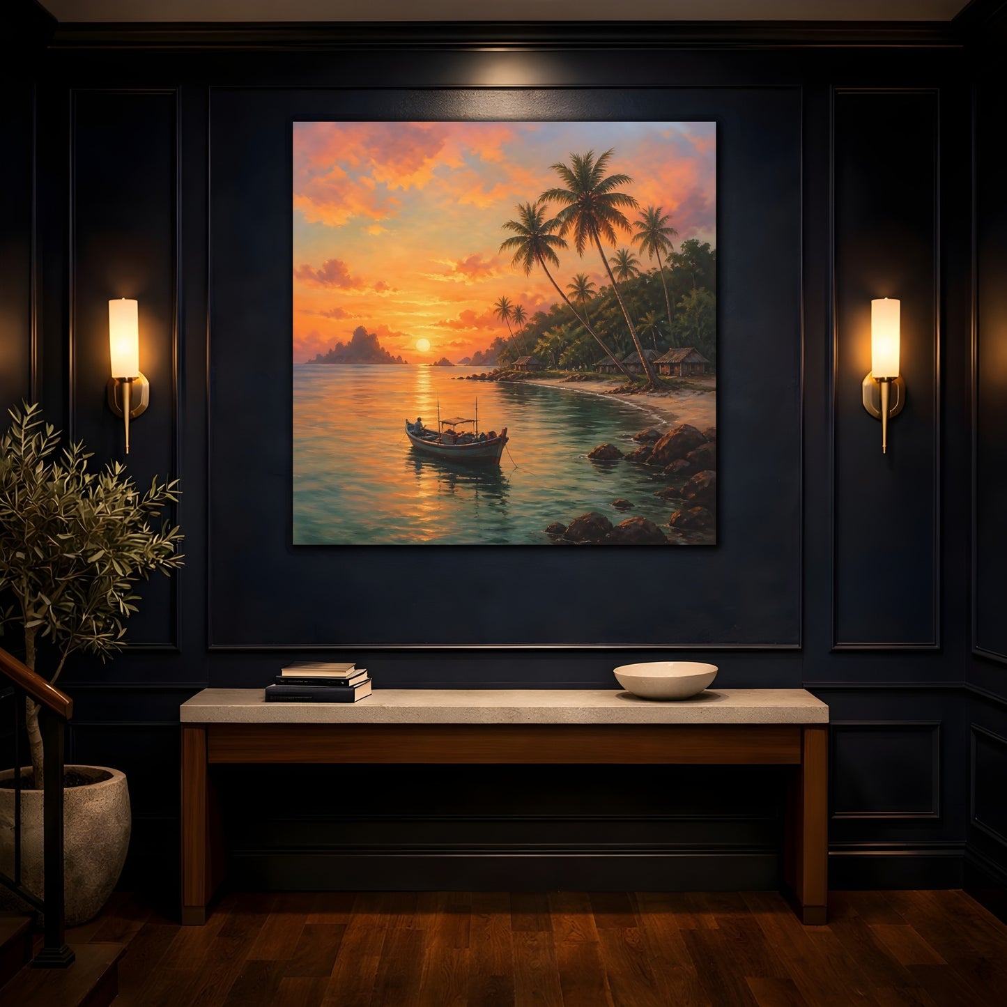Mockup 4. Nature Tropical Sunset Tropical Sunset Orange shown as stretched canvas wall art