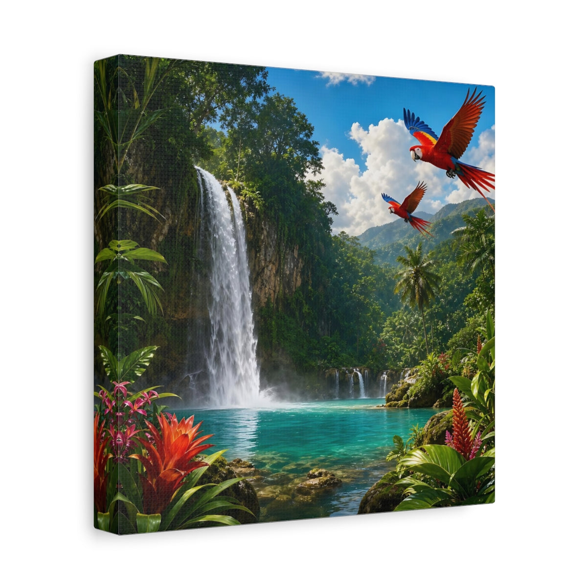 Side Mockup 9. Nature Tropical Waterfall Tropical Waterfall Parrots shown as stretched canvas wall art