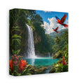 Side Mockup 2. Nature Tropical Waterfall Tropical Waterfall Parrots shown as stretched canvas wall art