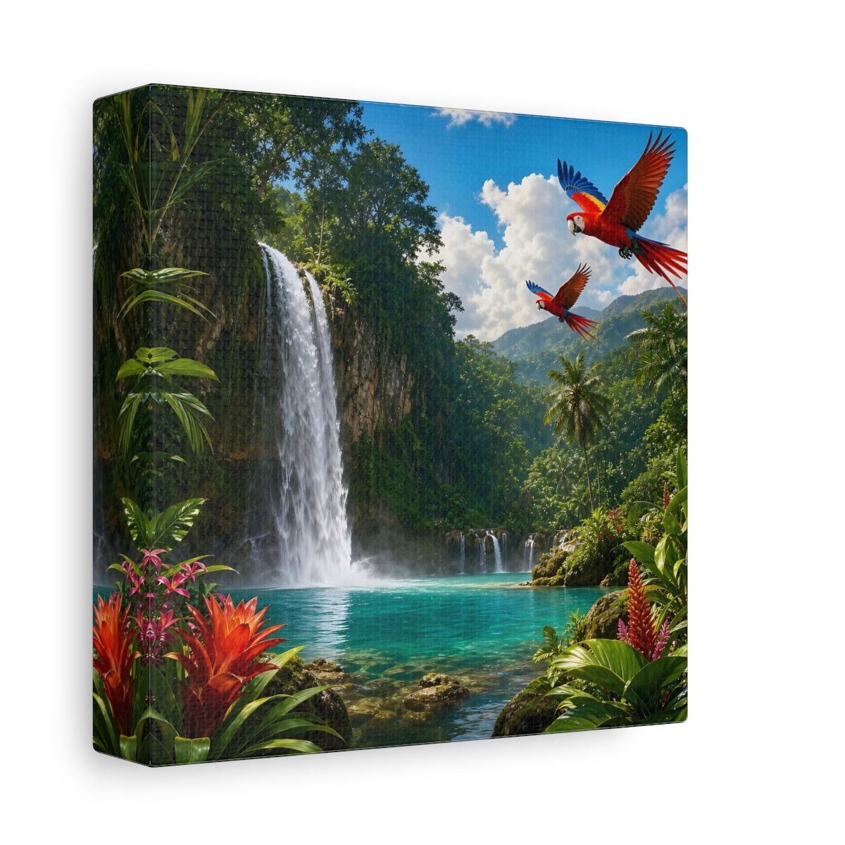 Side Mockup 2. Nature Tropical Waterfall Tropical Waterfall Parrots shown as stretched canvas wall art