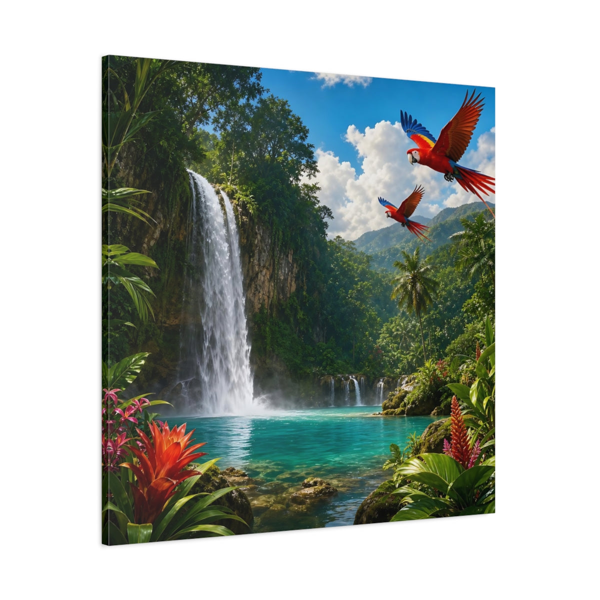 Side Mockup 1. Nature Tropical Waterfall Tropical Waterfall Parrots shown as stretched canvas wall art