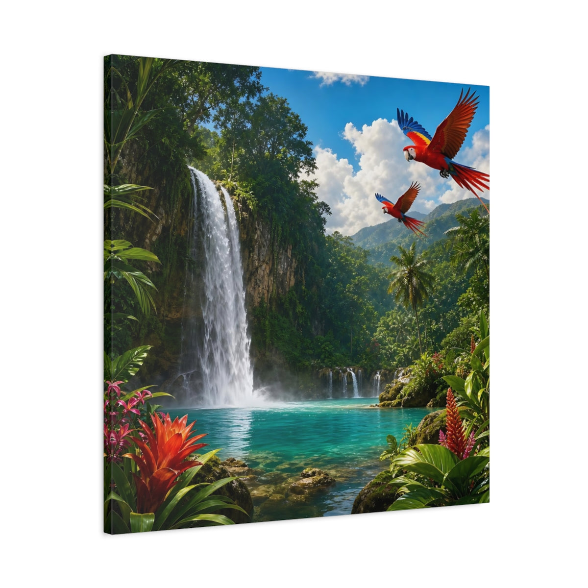 Side Mockup 3. Nature Tropical Waterfall Tropical Waterfall Parrots shown as stretched canvas wall art