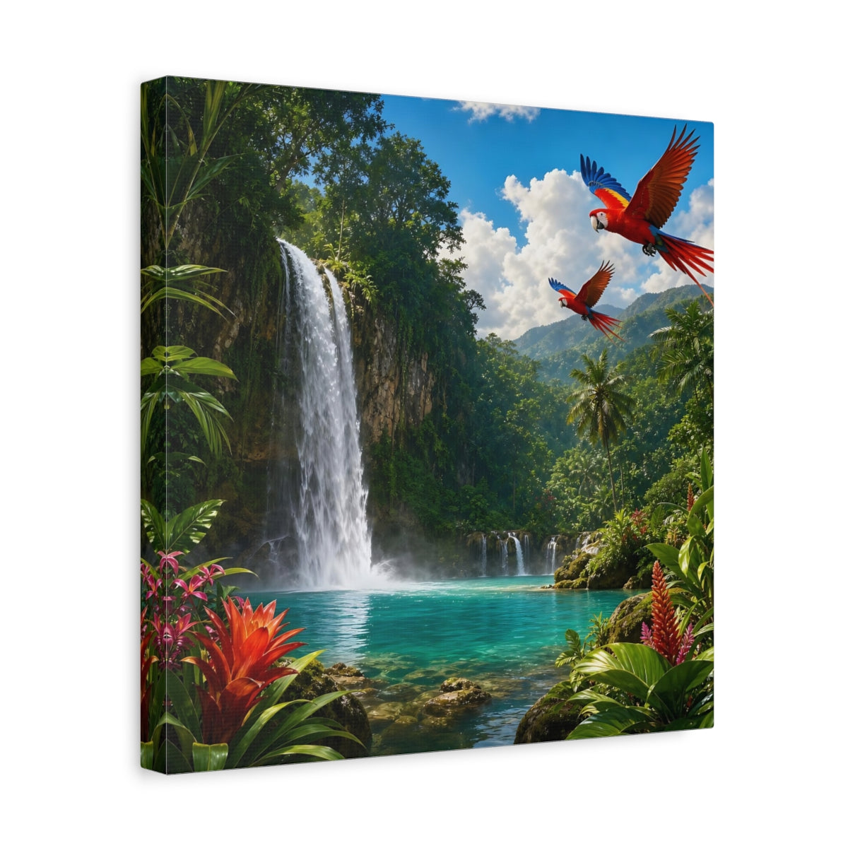 Side Mockup 7. Nature Tropical Waterfall Tropical Waterfall Parrots shown as stretched canvas wall art