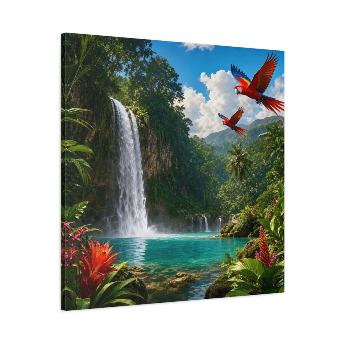 Main Mockup. Nature Tropical Waterfall Tropical Waterfall Parrots shown as stretched canvas wall art