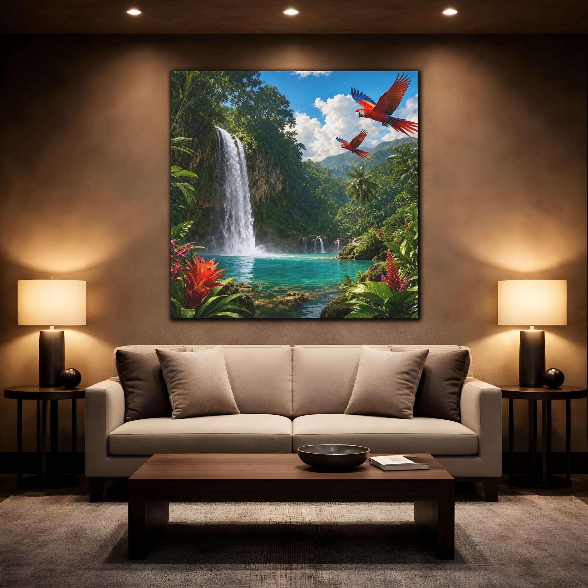 Mockup 2. Nature Tropical Waterfall Tropical Waterfall Parrots shown as stretched canvas wall art